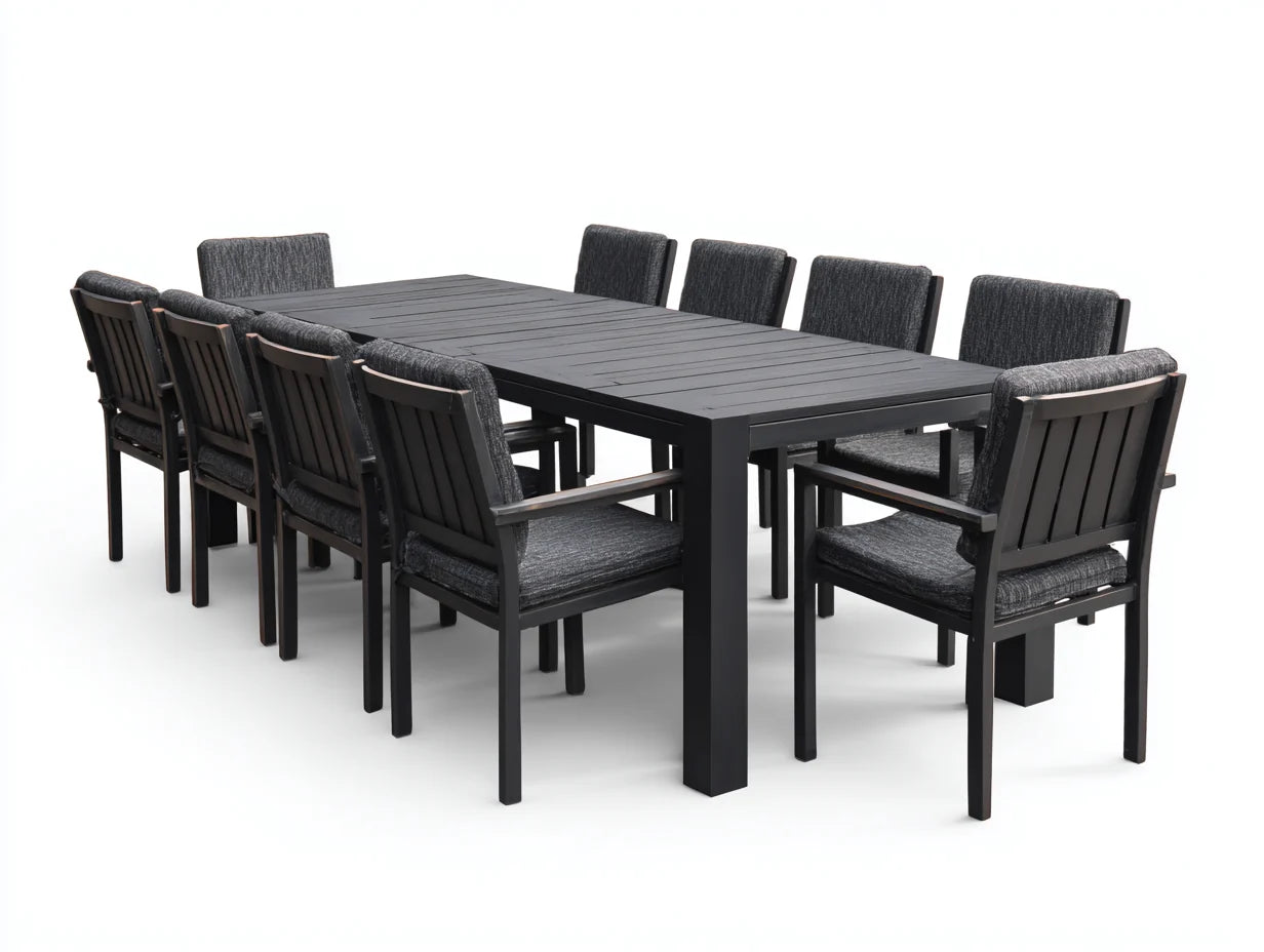 Conjuntos de comedor de jardín 200x100x75 cm - mesa de aluminio con 10 sillas tapizadas - negro-gris - diseño moderno exterior