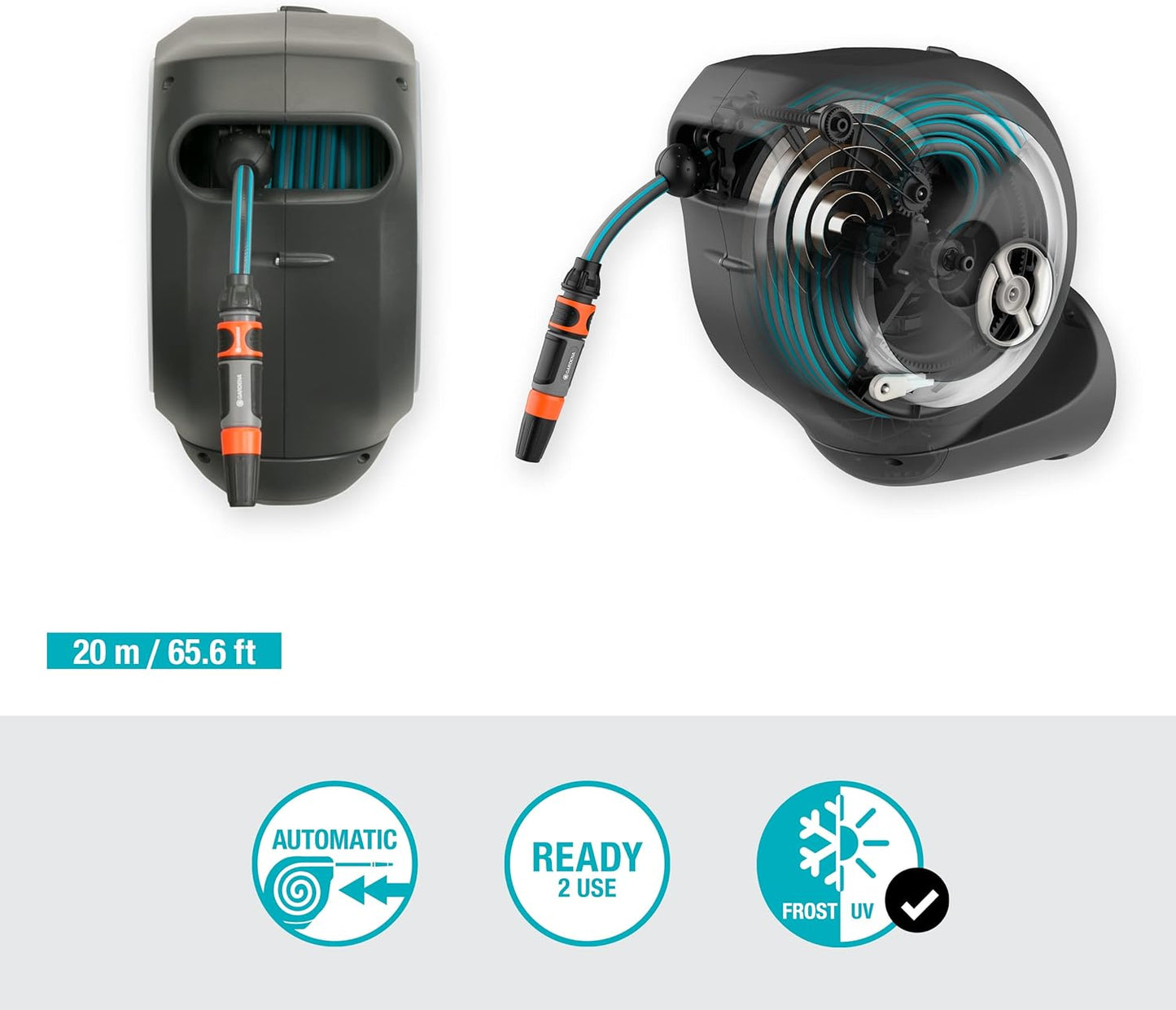 Gardena Wand-Schlauchbox RollUp M 20 m: Flexible Bewässerung für mittelgroße Gärten, schwenkbare Schlauchtrommel, mit Wandhalterung, Systemteilen und Spritze inkl. 20 m Gardena Schlauch (18612-20)