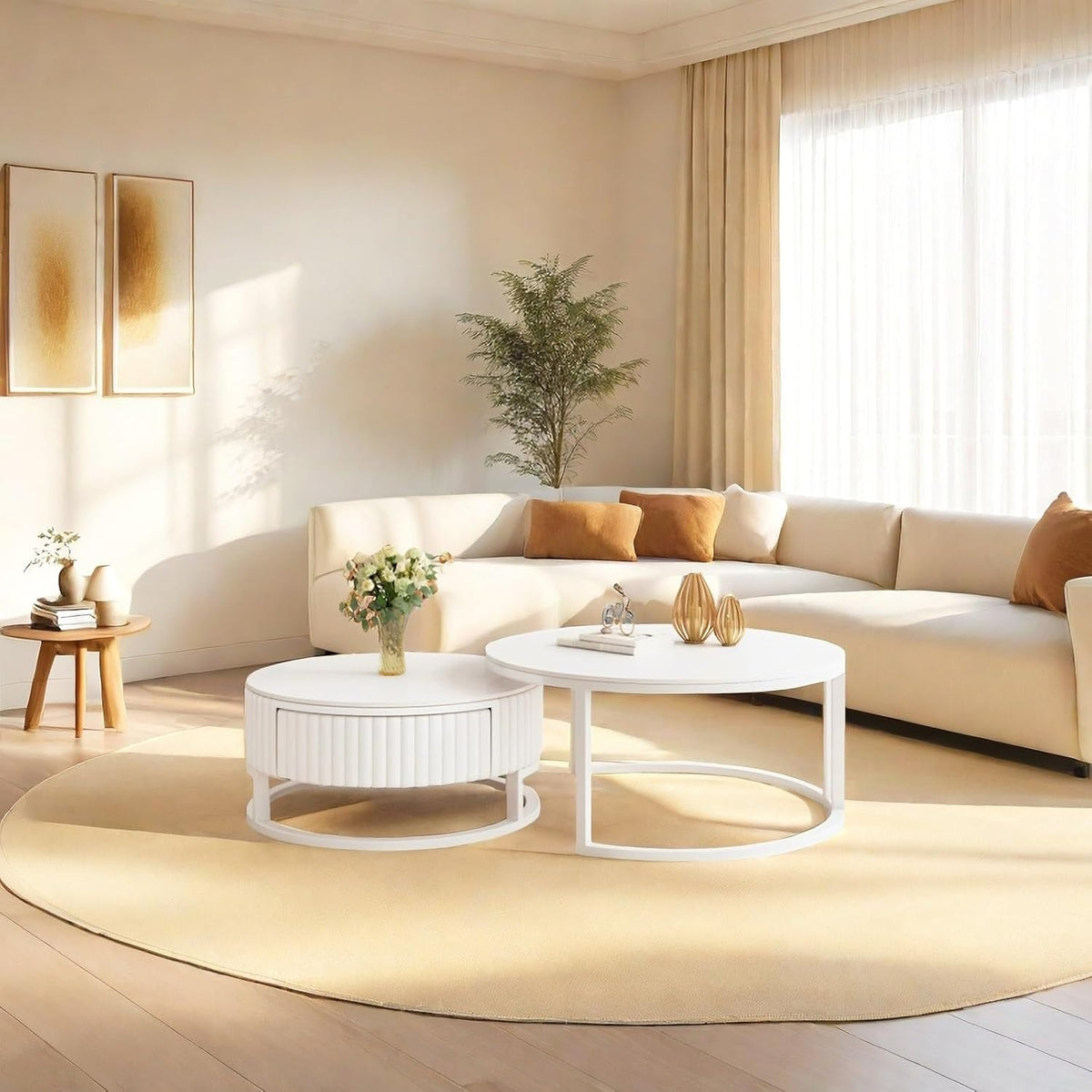 2er Set Couchtisch Rund Weiss 50+70cm Wohnzimmertisch Weiß Runder Couchtisch Mit Stauraum Marmor Beistelltisch Stabilem Metallgestel Satztische Fürs Wohnzimmer Einfache Aufbau Für Schlafzimmer Büro