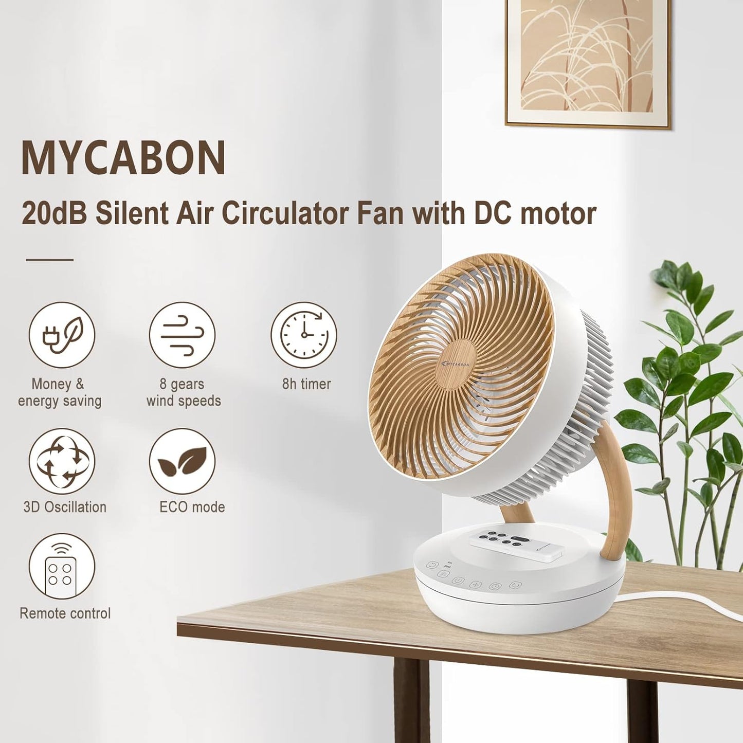 MYCARBON Ventilator sehr leise DC Motor 20dB 1850m³/h Luftmenge 8 Stufe ECO Modi Tischventilator 3D Luftumwälzer für 30m² Schlafzimmer Turbo Ventilator 8h Timmer
