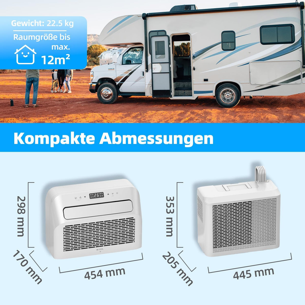 BE COOL BC5CSKL26 3in1 Mini Split Klimaanlage 5000 BTU mit WiFi, App-Steuerung, Kühlen, Lüften, Entfeuchten, 24h Timer, Schlafmodus, für Räume bis 12 m², Wohnmobil, Wohnwagen, weiß