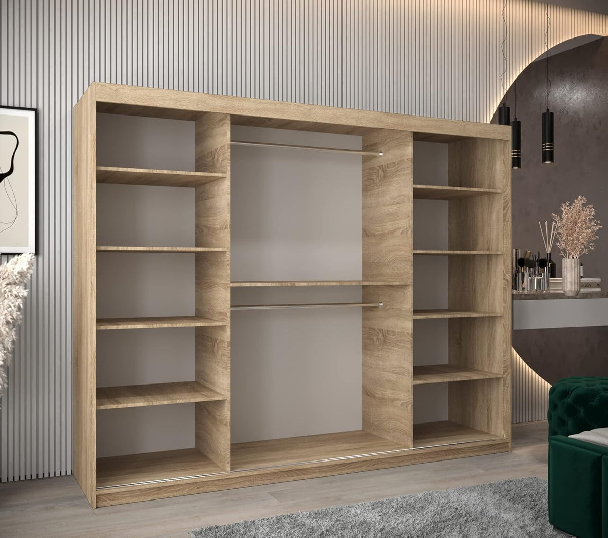 ABIKSMEBLE York 1 250 Armario 2 Puertas Correderas para Dormitorio - Armario Moderno con Espejo, Barra y Estantes - 250x200x62 cm (Ancho x Alto x Fondo) - Sonoma + Blanco Mate