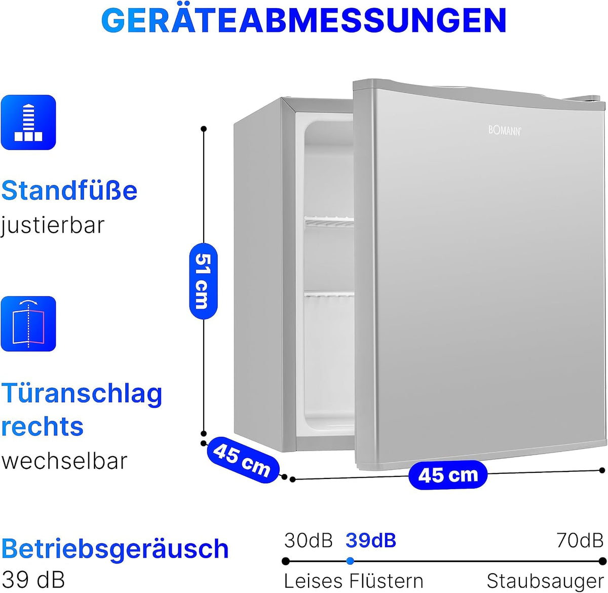 Bomann® Mini Kühlschrank 42 Liter | Getränkekühlschrank klein für Büro, Camping und Gaming | kleiner Kühlschrank leise 39 dB | Minibar mit wechselbarem Türanschlag | 51x45x45 cm | KB 7346 inox