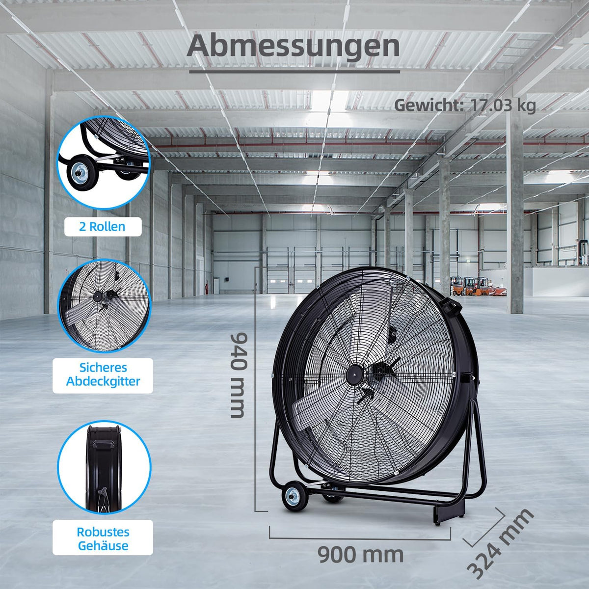 Be Cool Industrie-Windmaschine 75cm BCIWM75CM – Fahrbarer Trommelventilator, Ø 75 cm (30"), 300 Watt, Vollkupfermotor, 2 Geschwindigkeiten, Aluminium-Rotorblätter, Spinnennetz-Schutzgitter, schwarz
