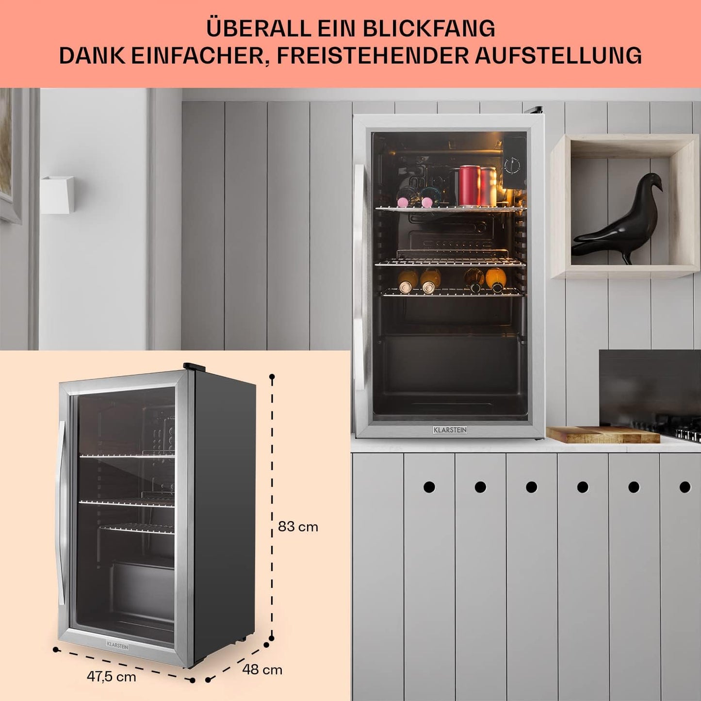 Klarstein Mini Kühlschrank mit Glastür, Mini, für Zimmer, Getränkekühlschrank Klein mit Verstellbaren Ablagen, 80 Liter, Indoor/Outdoor Kühlschrank Leise
