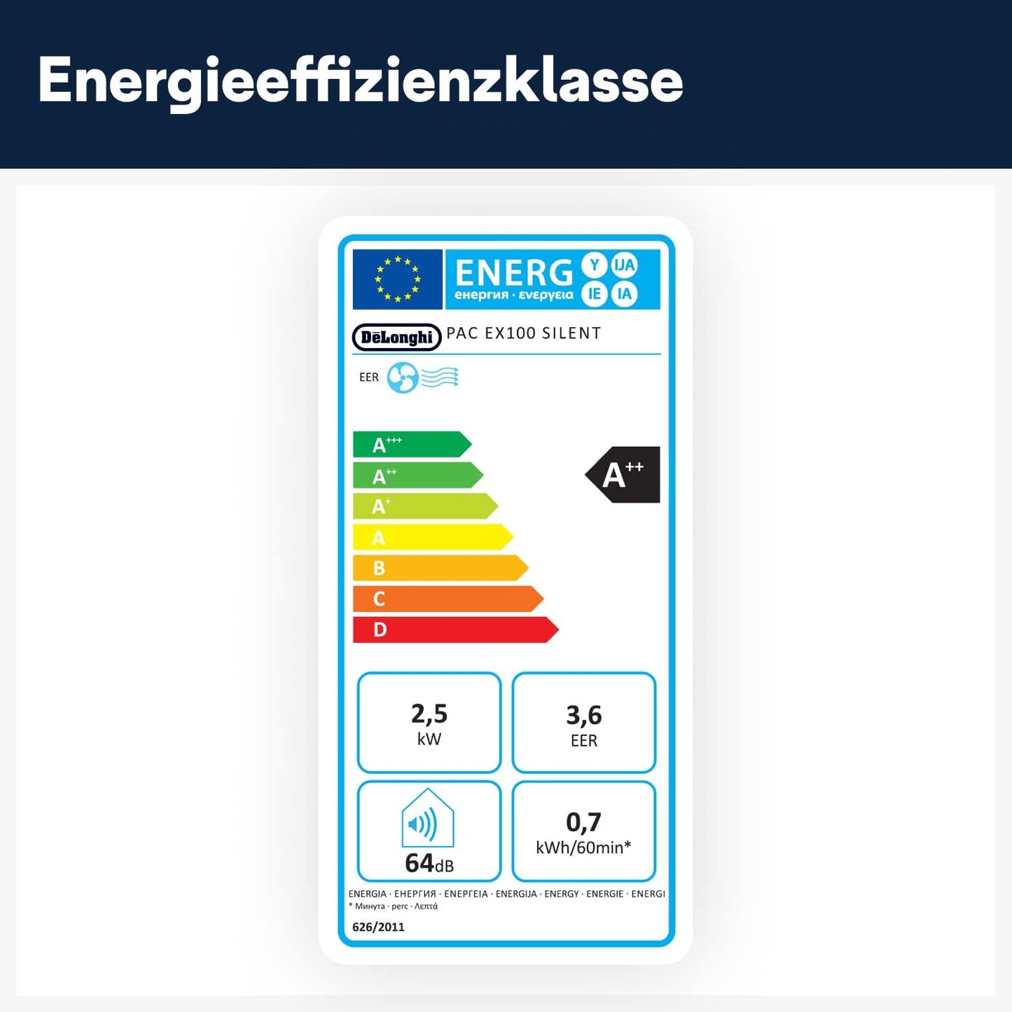 De'Longhi Pinguino PAC EX100 Silent mobiles Klimagerät mit Abluftschlauch, Klimaanlage für Räume bis 110 m³, Luftentfeuchter, Ventilationsfunktion, 24h-Timer, Weiß