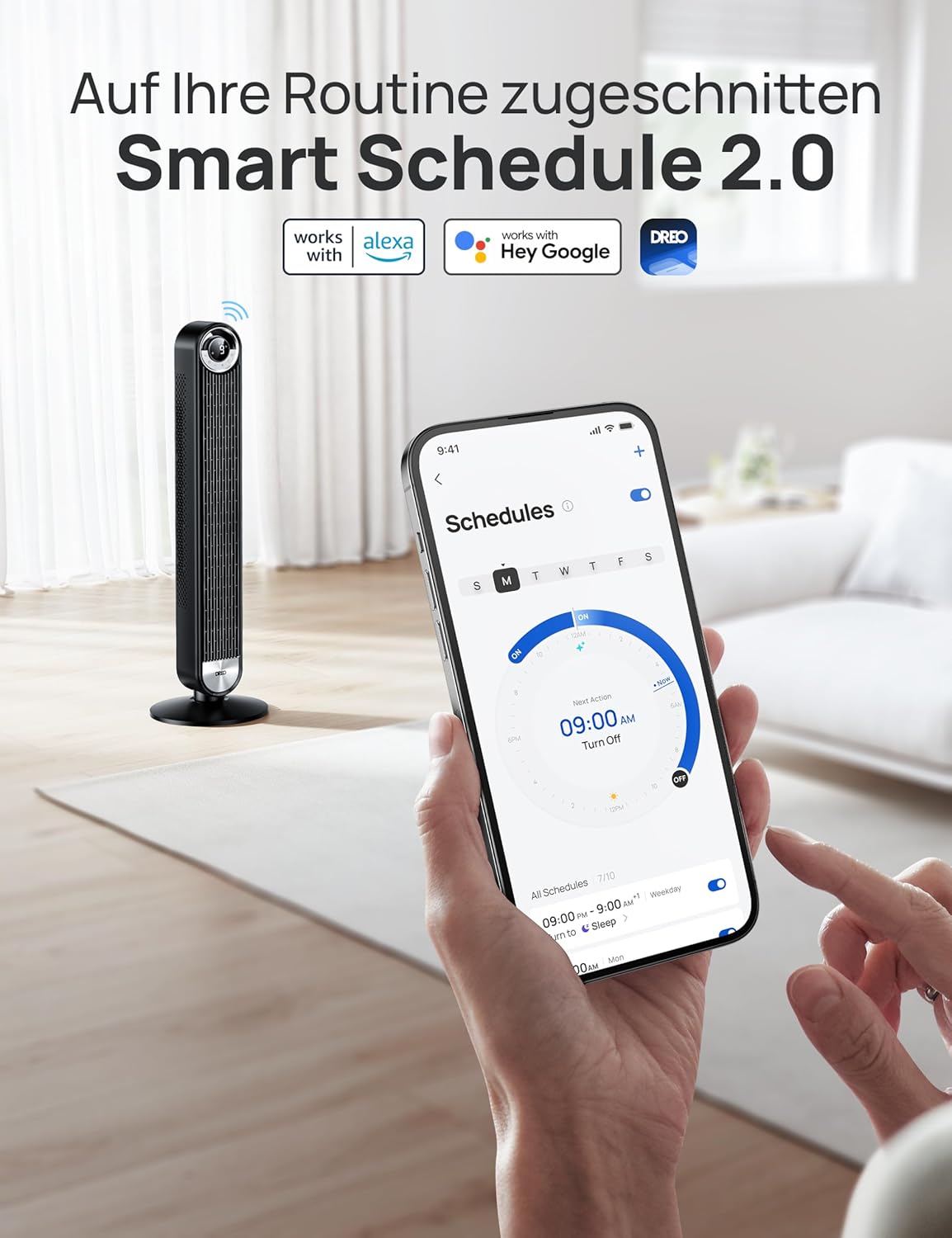 DREO 25 dB Leiser Smart Turmventilator, 106cm Höhe 4 Modi 9-Geschwindigkeit Max 7,9m/s 12H Timer 90° Oszillierender Ventilator mit Fernbedienung Sprachsteuerung Kühlung, Cruiser Pro T2S, Schwarz