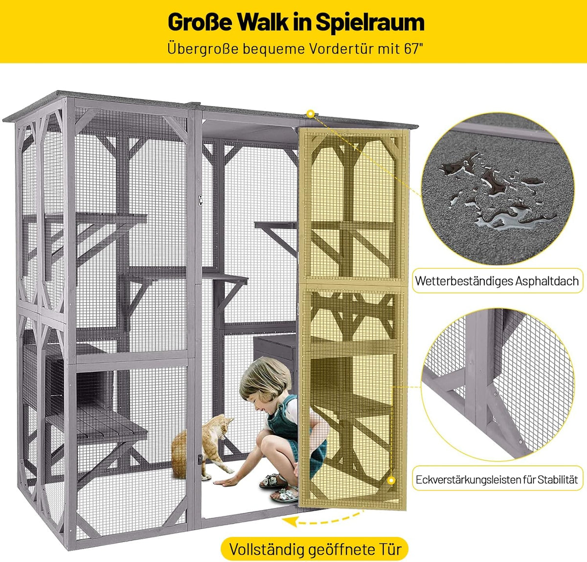 Katzenhaus Outdoor Catio Kitty Gehege mit super großer Eingangstür, Holz-Katzenkäfig Condo Indoor-Laufstall mit Plattformen und kleinem Haus