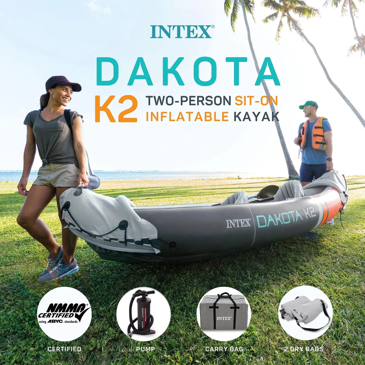 2025 Intex Dakota K2 Kayak inflable de vinilo para 2 personas, con remos y bomba – Caja abierta