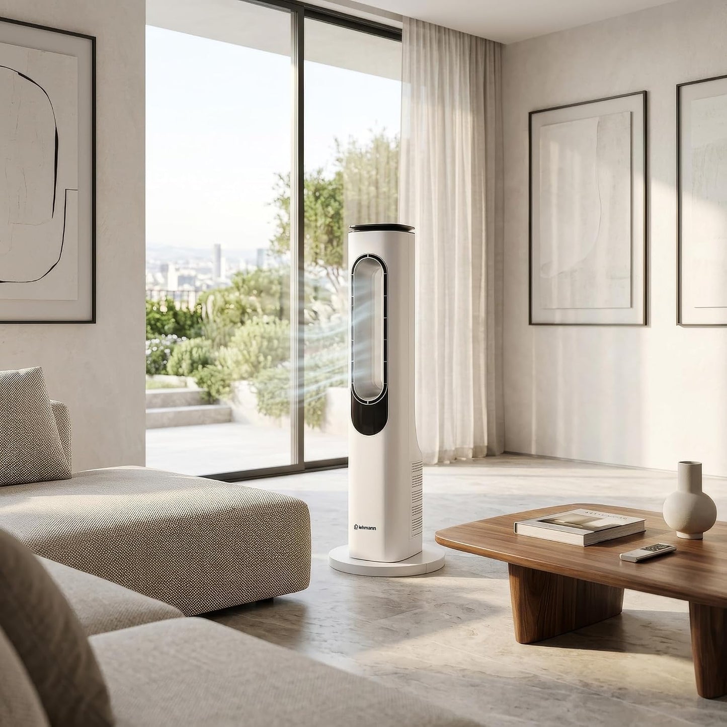 LEHMANN Turmventilator mit Fernbedienung & LED-Display, leiser Ventilator mit Schlafmodus, 15 h Timer, 3 Lichtfarben, 3 Modi, 3 Geschwindigkeiten, oszillierender Standventilator ohne Rotorblätter