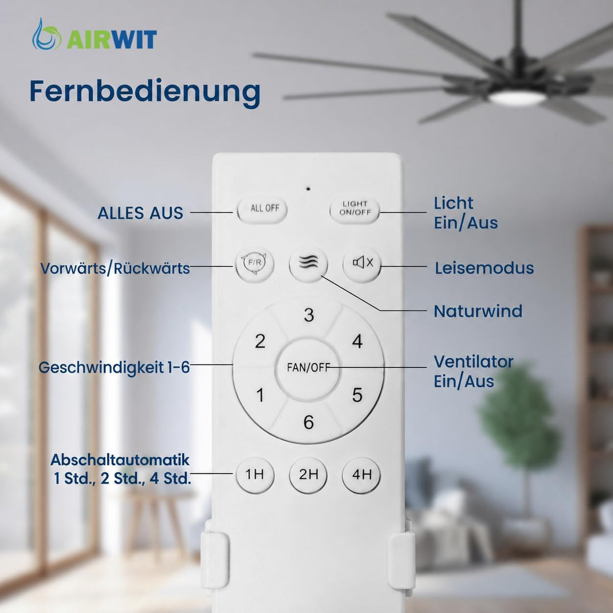 Airwit 183cm Deckenventilator mit Beleuchtung Extra Groß, Verbundholz Outdoor Leise Deckenventilator mit Licht und Fernbedienung, Lampe mit Ventilator für Terrasse, Industrial, Großes Zimmer