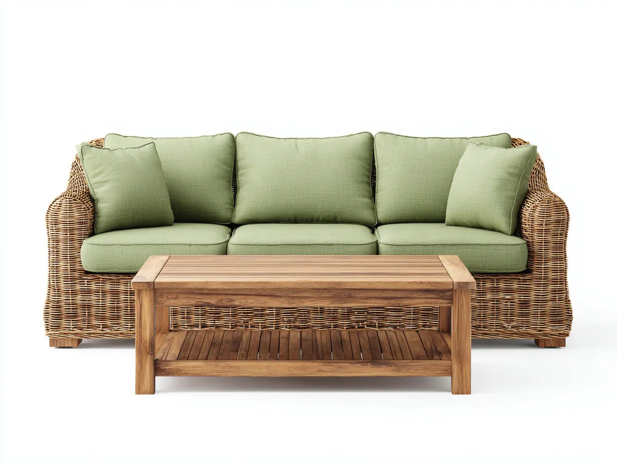 Gartensofa-Polyrattan-Holz-228 x 82 x 78 cm-Natur-Grün-Natürlicher Outdoor-Stil