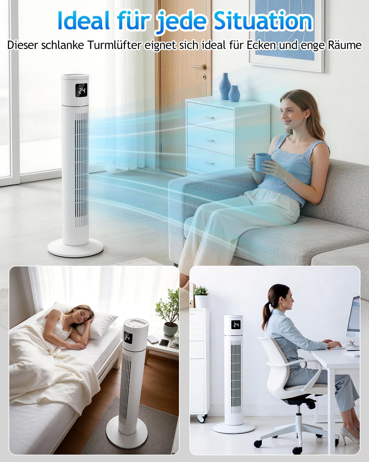 Timiyou Turmventilator 20dB Sehr Leiser für Schlafzimmer & Kühlung mit Fernbedienung | 3 Geschwindigkeitsstufen, 12h Timer, 60° Oszillation, Temperaturanzeige