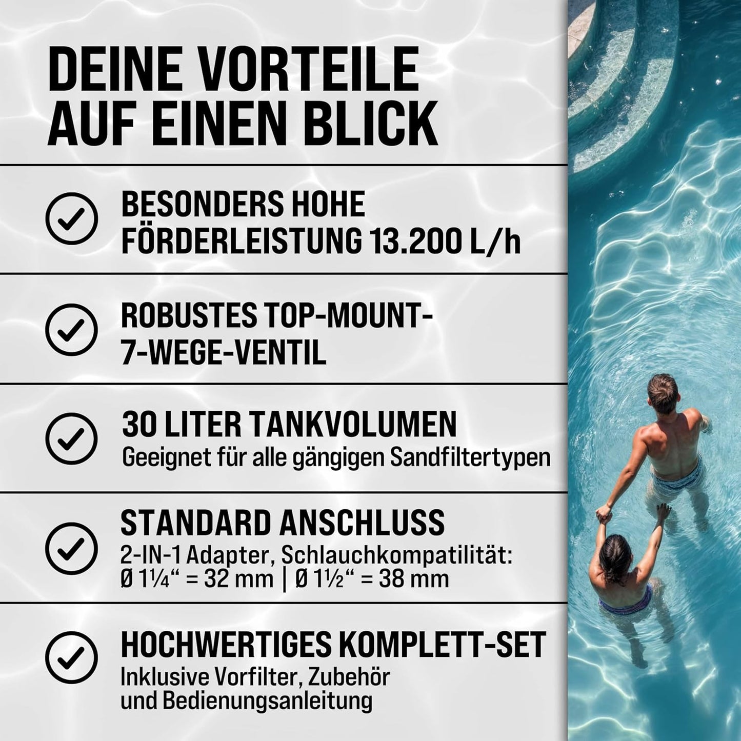 MONZANA® Sandfilteranlage 13.200L/h bis 58.000L Pool Vorfilter 7-Wege-Ventil 600W 30L Tank 2in1 Adapter Ø32-38mm Filteranlage Poolfilter Sandfilter