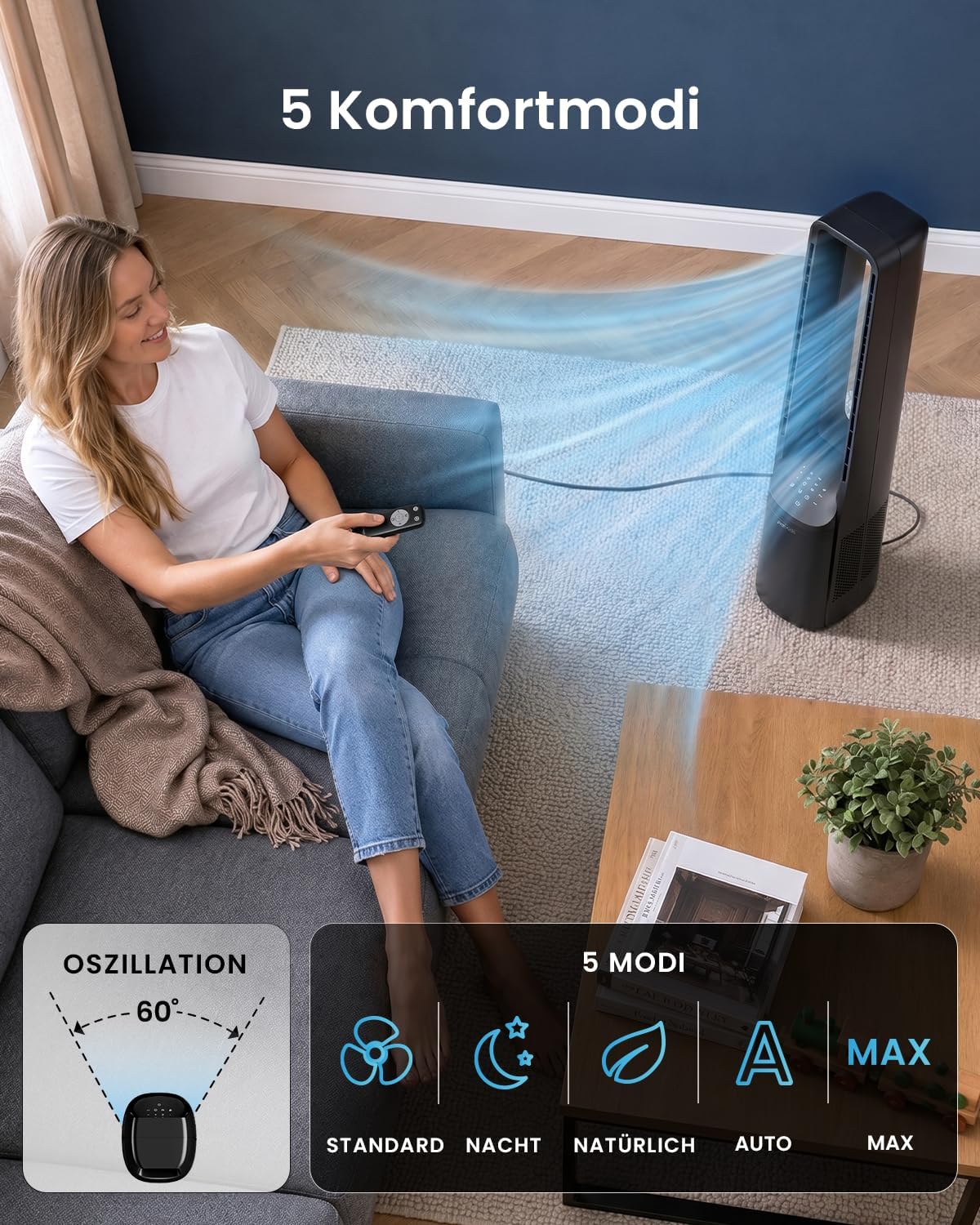 Pro Breeze 101cm rotorloser Ventilator - Smart Home Ventilator mit WLAN, Fernbedienung, LED Display, 6 Geschwindigkeiten - Turmventilator sehr leise, 5 Betriebsmodi, Auto 60° Oszillation, 7h Timer