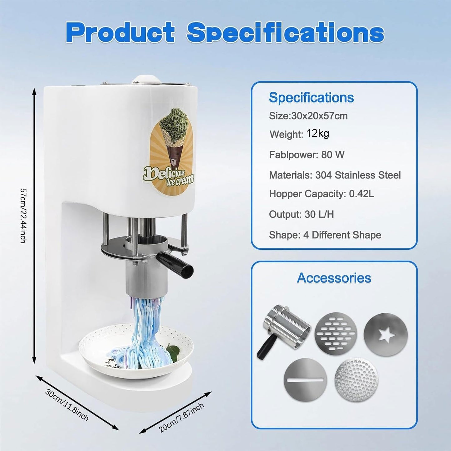 Kommerzielle Spaghetti-Eismaschine, 28–30 l/h, professionelle Gelato-Eis-Nudelmaschine mit 4 verschiedenen Nudelformen, for Catering und Soft-Serve-Läden(Red)