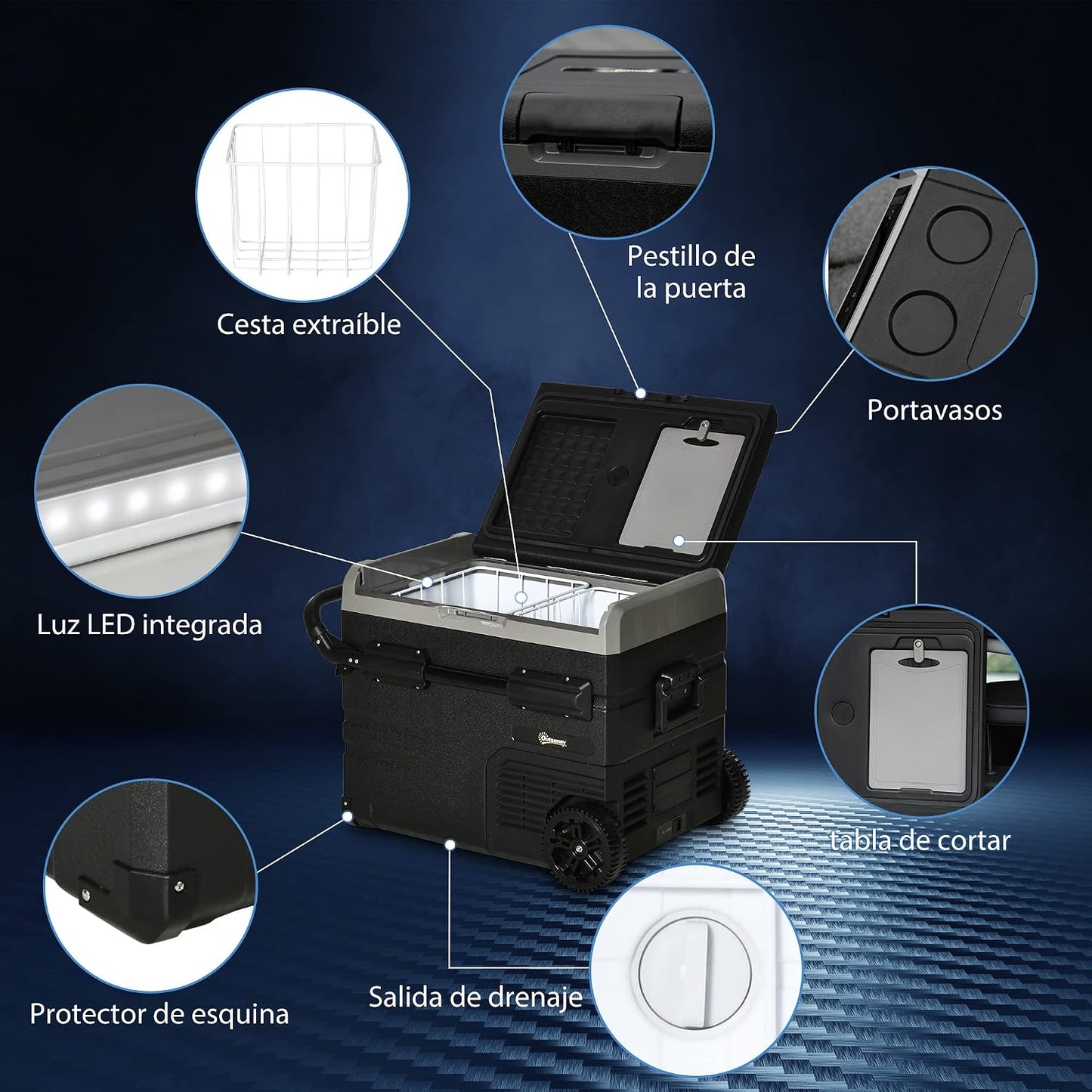 Outsunny Nevera Compresor Portátil 60L Nevera Portátil Eléctrica para Coche Congelador CC 12V/24V hasta -20℃ con Pantalla LED Táctil Asa Retráctil Ruedas para Camping Viajes 71,1x46x57,1 cm Negro
