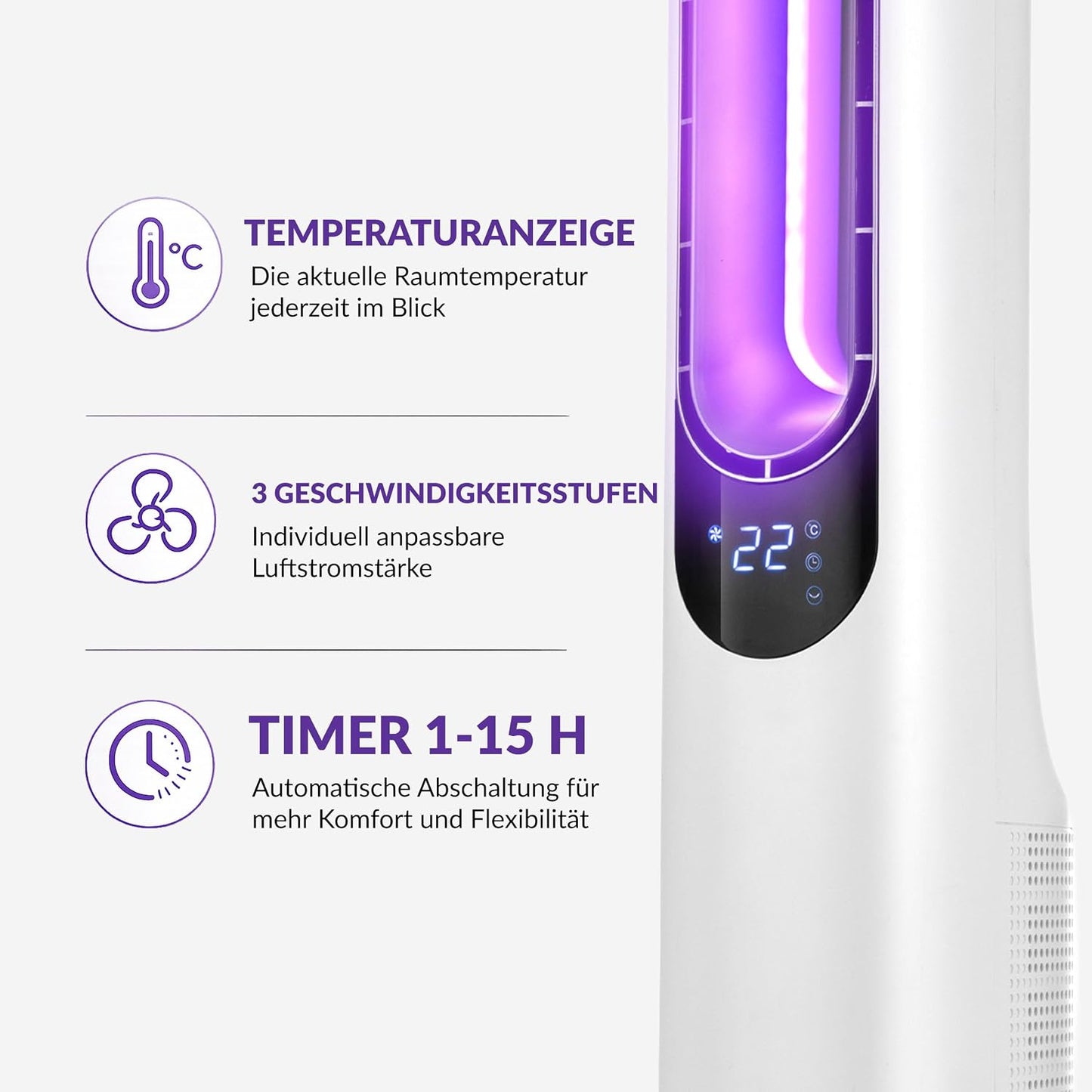 LEHMANN Turmventilator mit Fernbedienung & LED-Display, leiser Ventilator mit Schlafmodus, 15 h Timer, 3 Lichtfarben, 3 Modi, 3 Geschwindigkeiten, oszillierender Standventilator ohne Rotorblätter