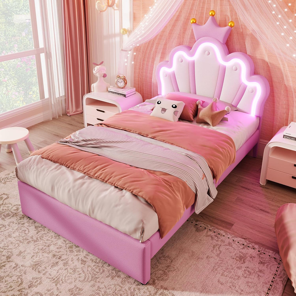 Kinderbett Polsterbett 90x200, Kronenförmiges Prinzessinnenbett, Einzelbett mit LED und 2 Schubladen, Bettgestell für Mädchen, mit Verstellbares Kopfteil, PU-Leder, Rosa, ohne Matratze