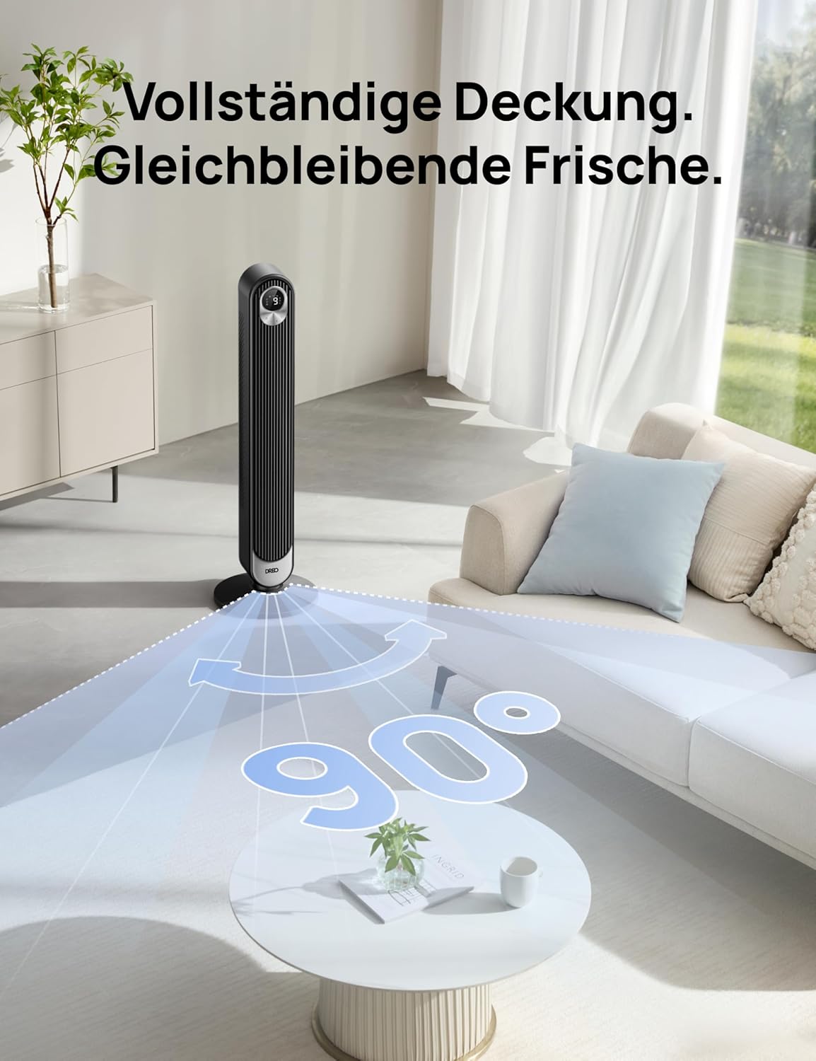 DREO DC Motor Turmventilator Leiser, 11M Windentfernung Ventilator mit Kühlung Fernbedienung, 9 Stufen 4 Modi, 90° Oszillierender Stand Ventilatoren für Schlafzimmer, Tower Fan mit 12H Timer