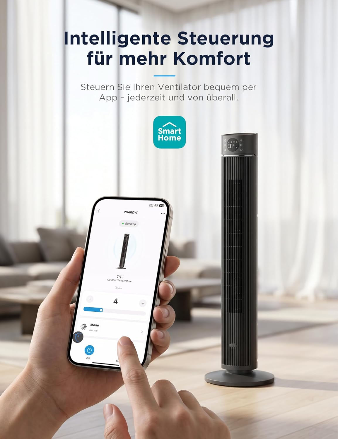 Midea FZ10-26ARDW Smart Leiser Turmventilator mit Fernbedienung, 19 dB Flüsterleise, DC-Motor, 4 Modi & 12 Stufen, 24h Timer, App-Steuerung für Schlafzimmer, Wohnzimmer & Büro, Schwarz, 105cm