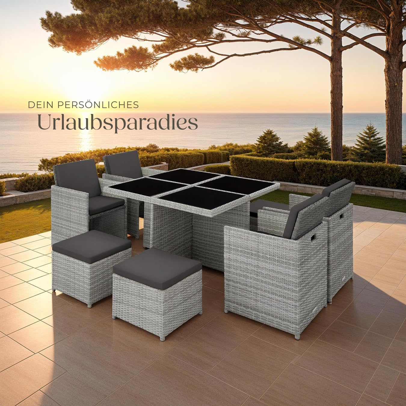 tectake® Lounge Möbel Set 4X Stühle, 4X Hocker, 1x Tisch, platzsparende Cube Aufbewahrung, Outdoor Rattan Gartenmöbel für Balkon, Garten und Terrasse, mit Abdeckung und Wechselbezügen - hellgrau