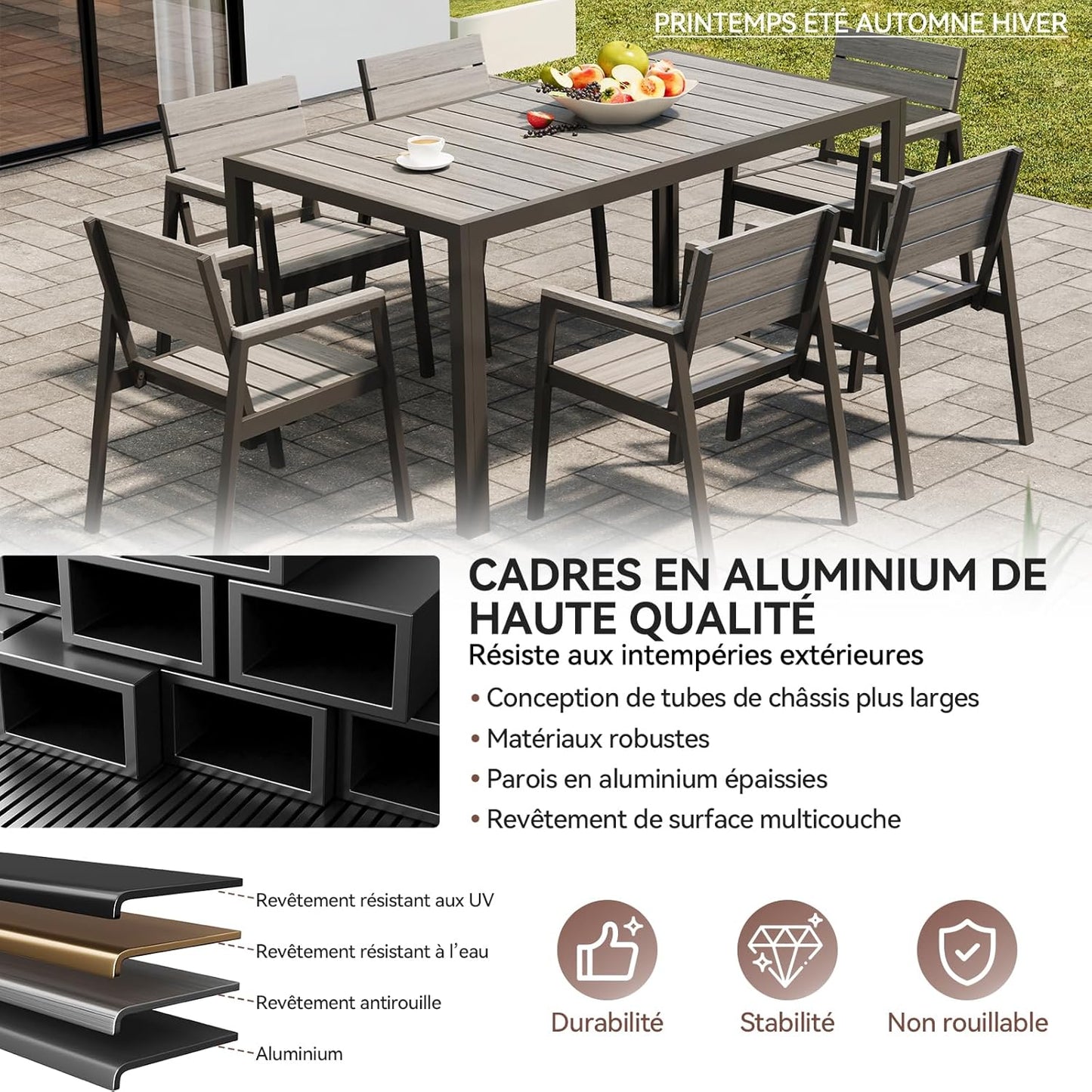 Devoko HDPS Conjunto de jardín de exterior de 7 piezas, resistente a la intemperie,con mesa de 150 cm y 6 sillas de jardín de exterior de aluminio,acabado imitación madera y fácil mantenimiento (gris)