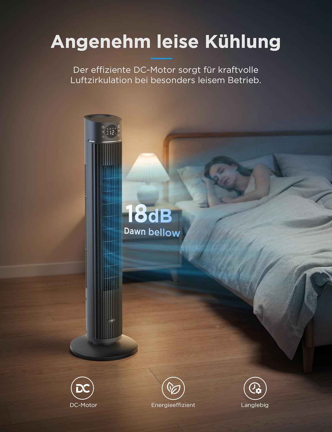 Midea FZ10-26ARDW Smart Leiser Turmventilator mit Fernbedienung, 19 dB Flüsterleise, DC-Motor, 4 Modi & 12 Stufen, 24h Timer, App-Steuerung für Schlafzimmer, Wohnzimmer & Büro, Schwarz, 105cm