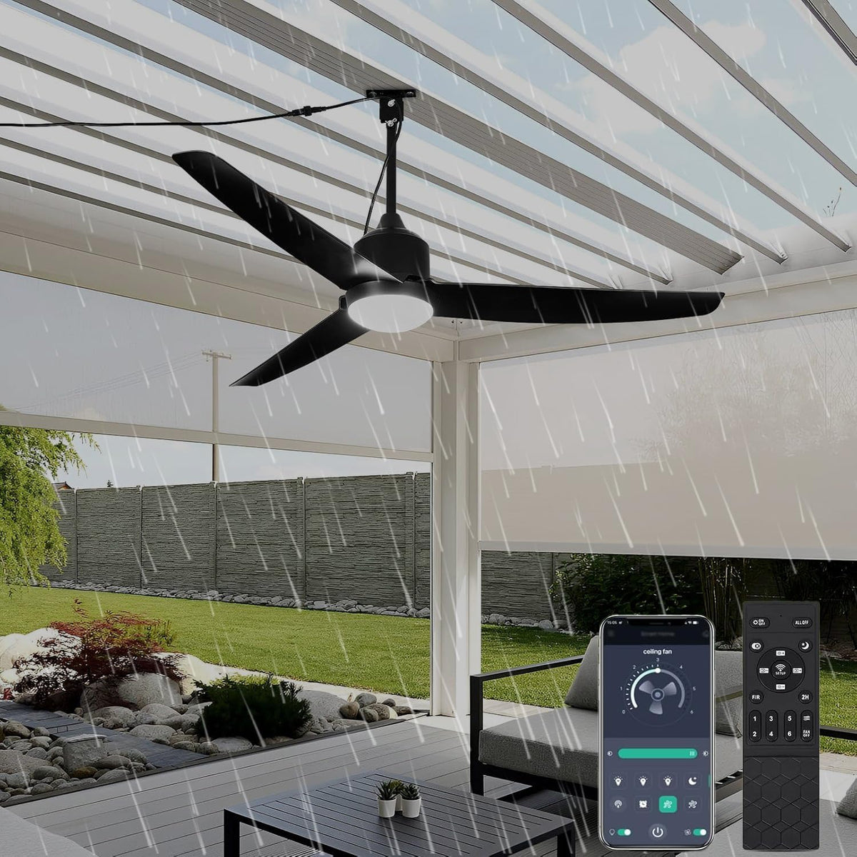 Deckenventilator mit Beleuchtung und Fernbedienung IP65 Wasserdicht Aussen Ventilator Dimmbar Fan Deckenleuchte Moderne Lampe mit Ventilator Leise Ventilatorlicht für Schlafzimmer Balkon Außen