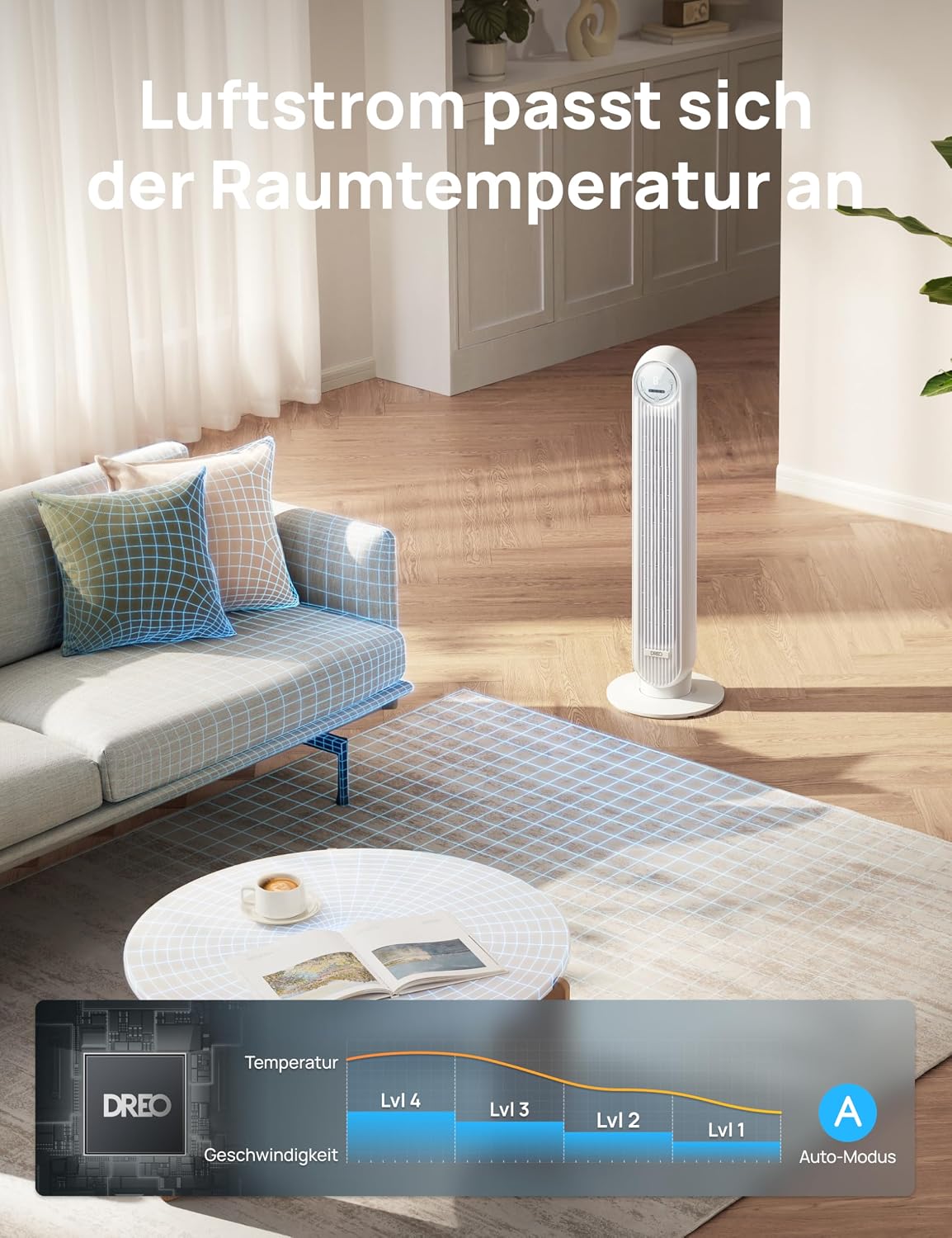 Dreo Smart 20dB Leiser Turmventilator, 10 m Wurfweite 4 Geschwindigstufen 4 Modi 8 Std. Timer 90° oszillierende Ventilator mit Kühlung WLAN & Fernbedienung für Schlafzimmer, Nomad OneS, Weiß