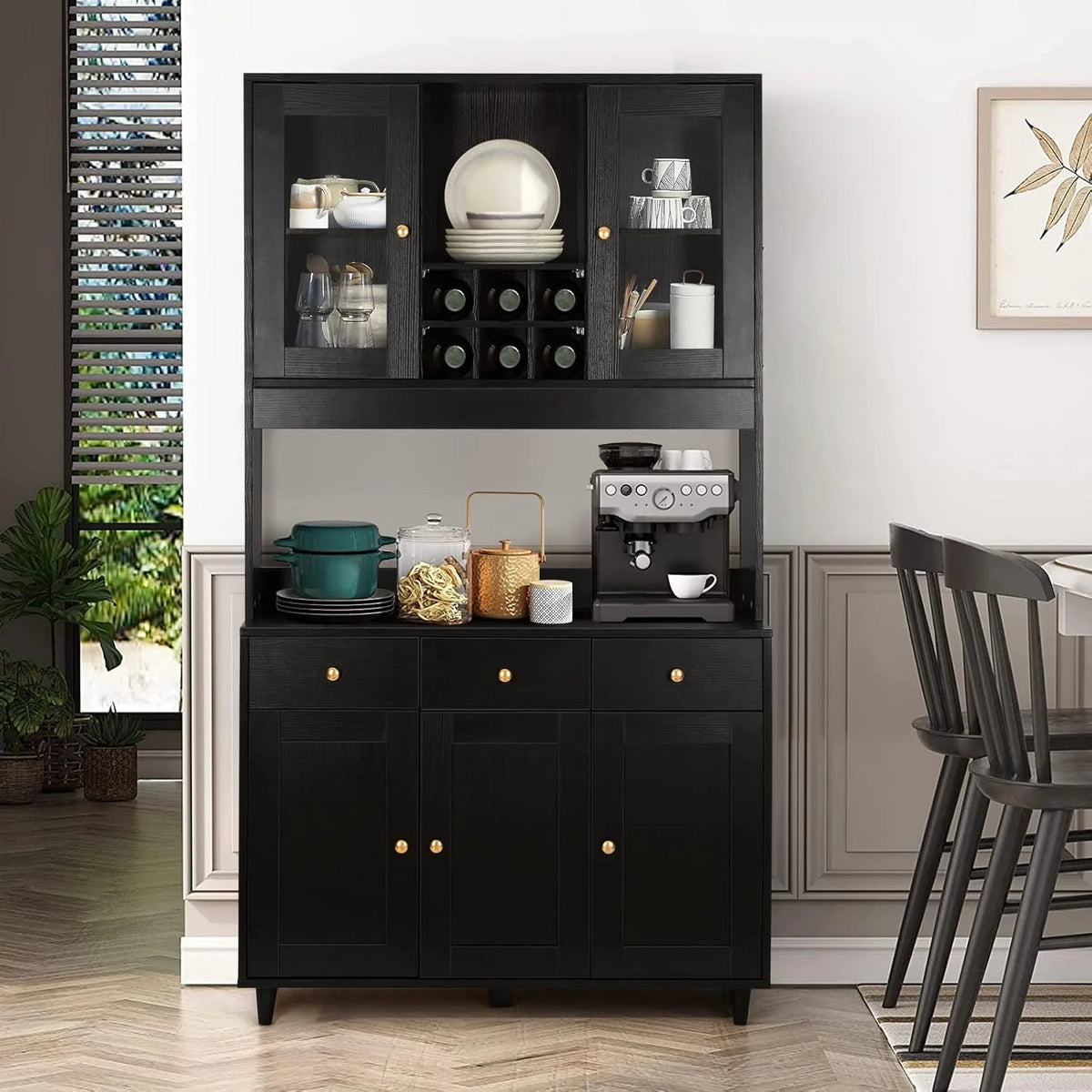 VOWNER Armario Aparador Cocina/Buffet, 100L x 38W x 181H cm, Mueble Auxiliar de Almacenaje, 5 Puertas y 5 Baldas Ajustables, Blanco