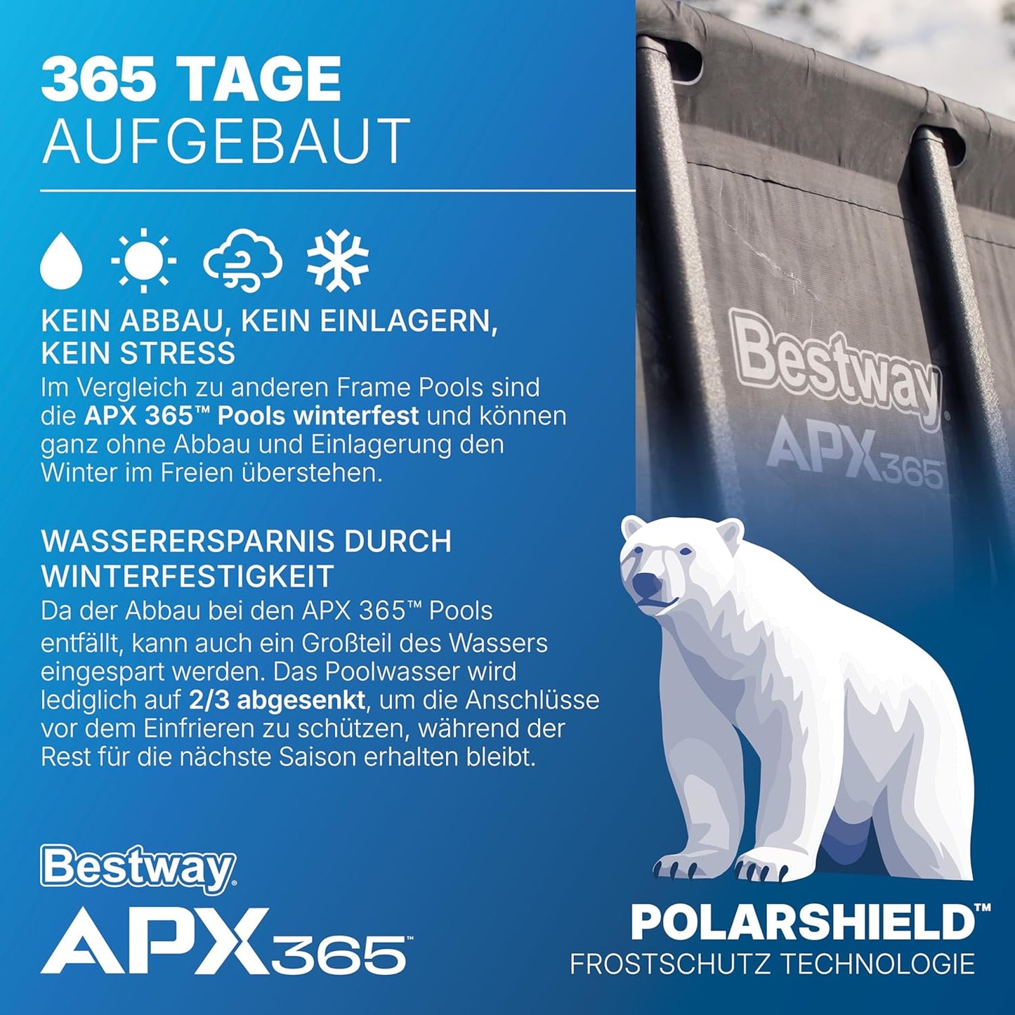 Bestway APX365 Winterfestes Frame Pool Set, Sandfilteranlage, 549 x 274 x 132 cm, 16.477 L, Stahlrahmen, Polar-Shield, Dunkle Marmor-Optik, Sicherheitsleiter, Abdeckplane, Werkzeugloser Aufbau, DEKRA