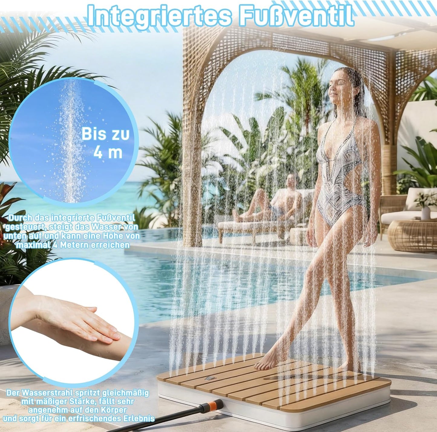 UISEBRT Gartendusche Außendusche aus WPC und Aluminium - Mobile Bodendusche Solardusche Campingdusche - Fontänenhöhe bis 4m einstellbar - für Pool Garten Terrasse (Eckig - Braun)