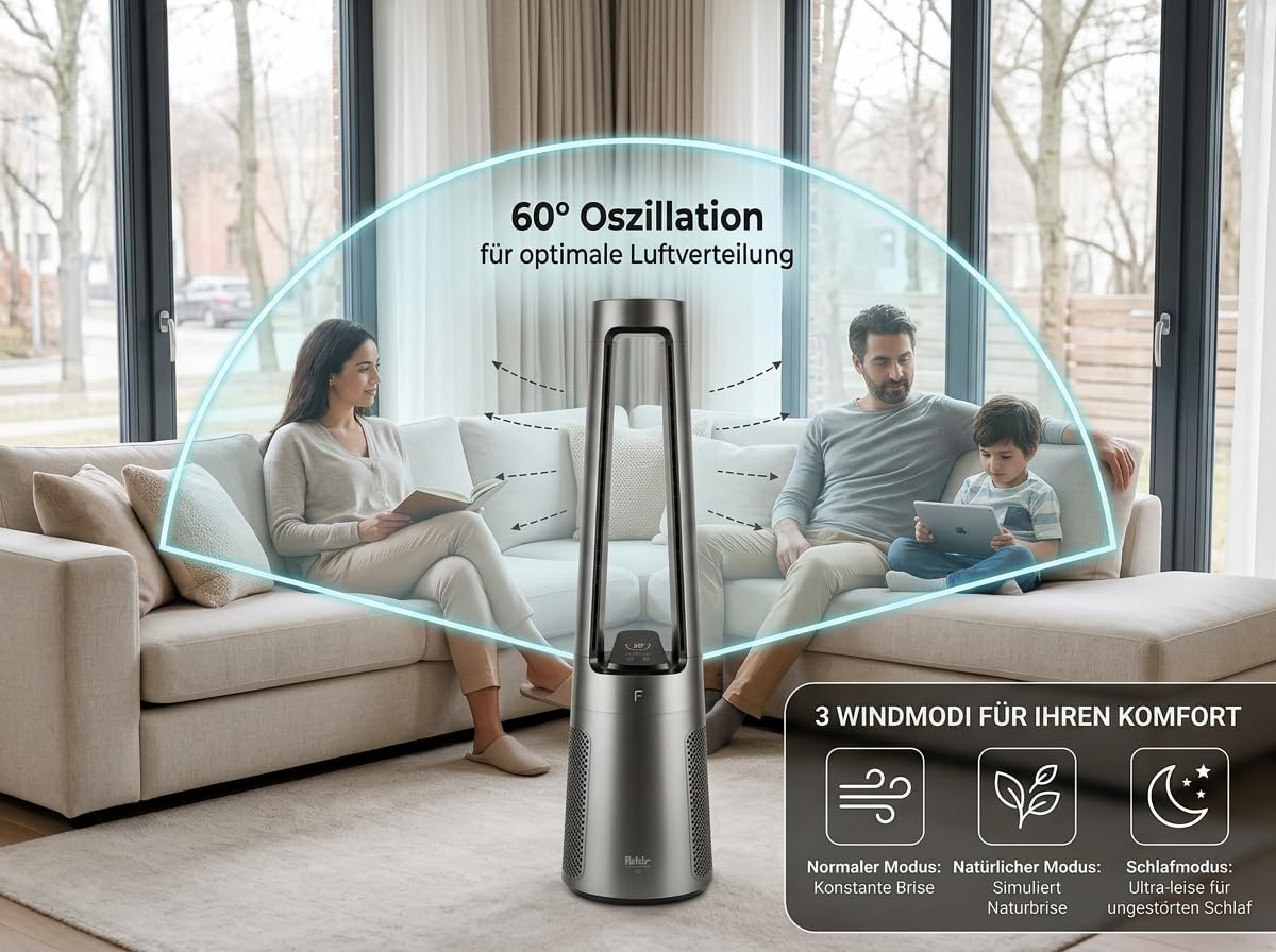 Fakir TVL 100 Flügelloser Turmventilator - DC-Motor, 12 Lüfterstufen, 30 dB(A), 60° Oszillation, 12h Timer, LED Touch Display, Fernbedienung, Anthrazit