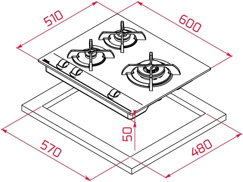 TEKA Placa de Gas Natural 60 cm, 3 Fuegos, Cristal Templado, Mandos Frontales Ergonómicos, Quemador Doble Anillo, Seguridad Termopar, Autoencendido, GBC 63010 KBN