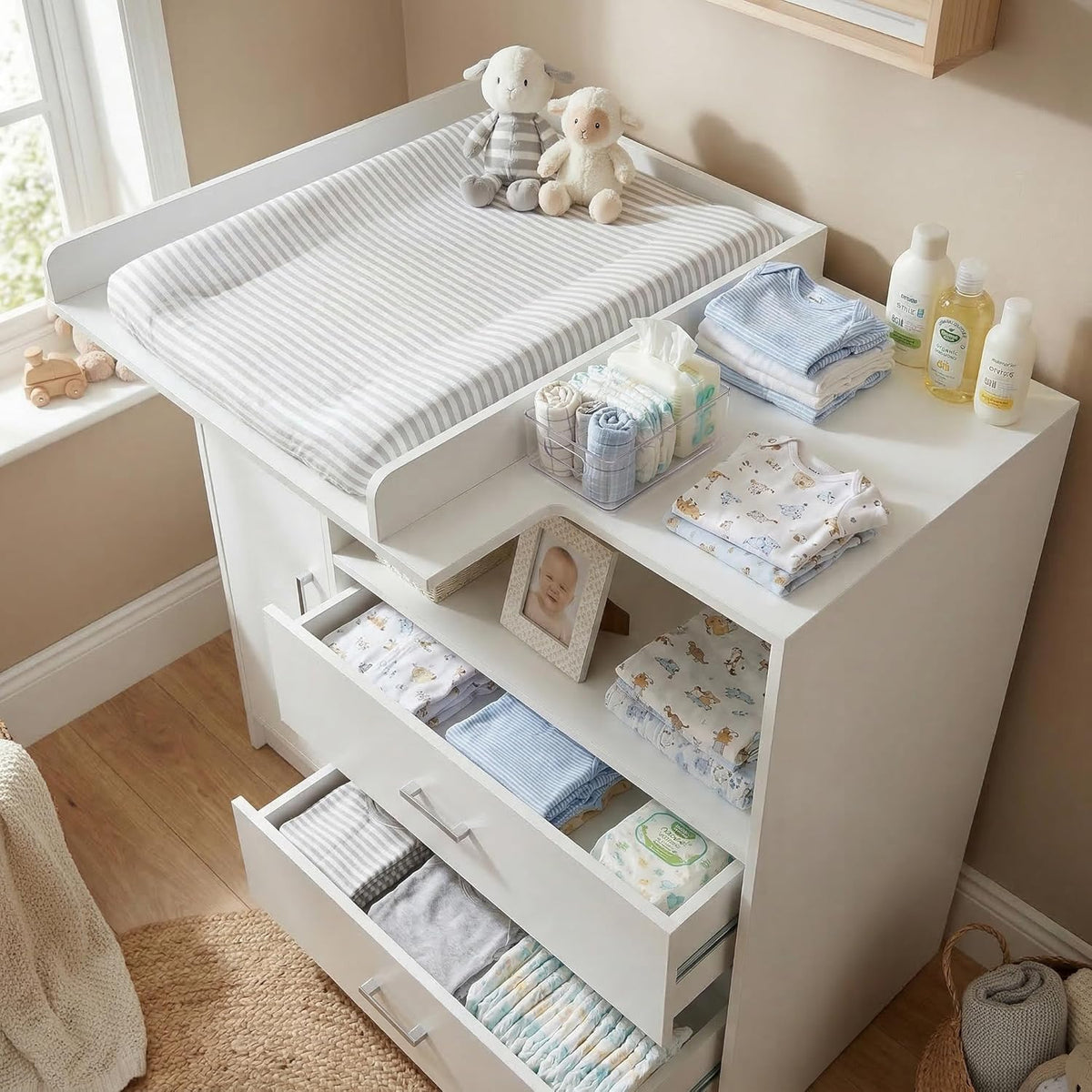 ecomi Cómoda Cambiador para bebé en Madera con Plan de Cambiar, 3 cajones, 1 puerta, Altura 100 cm, Color Blanco, Dimensiones 113x100 cm, tiradores cromados