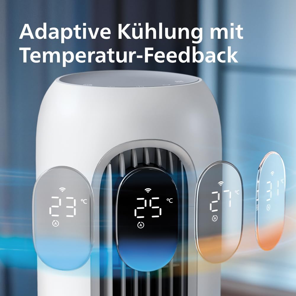 Philips Smarter Turmventilator 7000 Series – 8,4 m/s stark, ultraleise 22 dB, energieeffizient, App & Fernbedienung, Wlan, 12 Stufen, Schlafmodus, Temp‑Anzeige, 12‑h Timer, 80° Oszillation (CX7550/00)