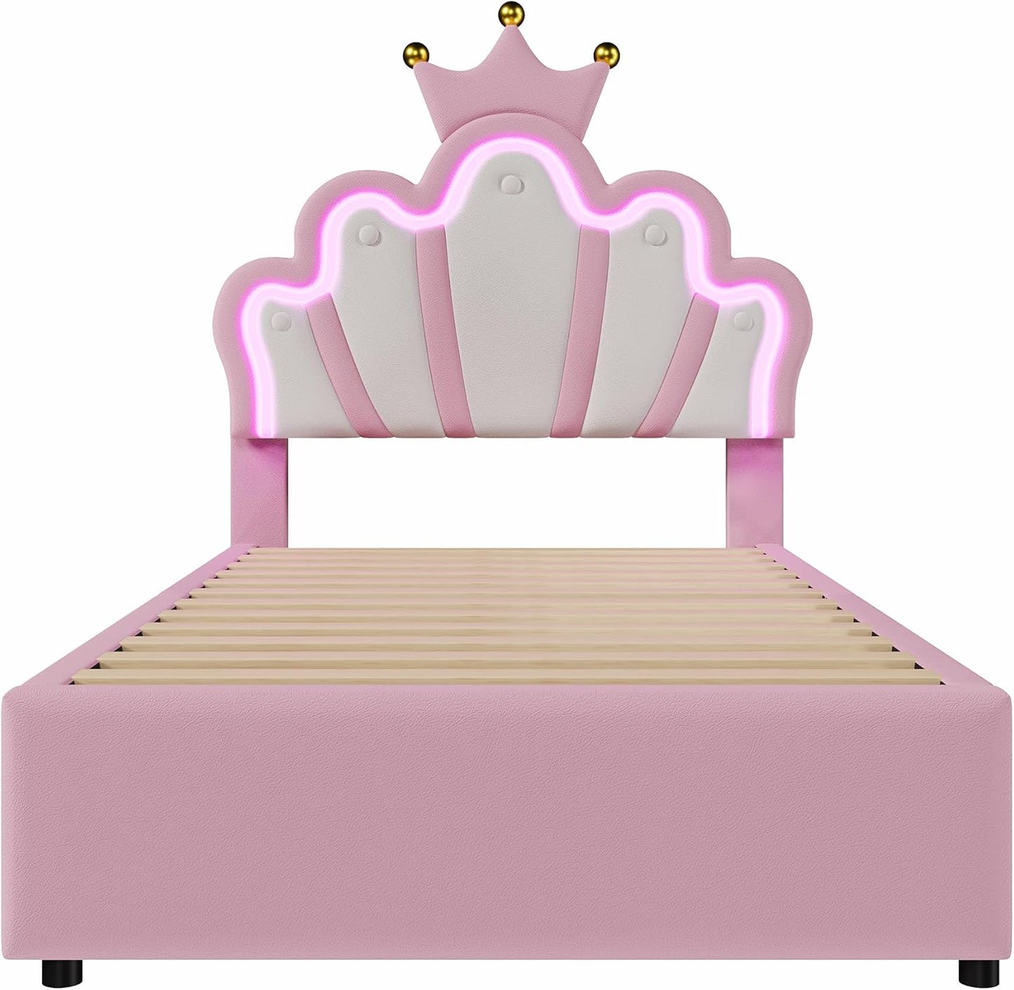 Kinderbett Polsterbett 90x200, Kronenförmiges Prinzessinnenbett, Einzelbett mit LED und 2 Schubladen, Bettgestell für Mädchen, mit Verstellbares Kopfteil, PU-Leder, Rosa, ohne Matratze