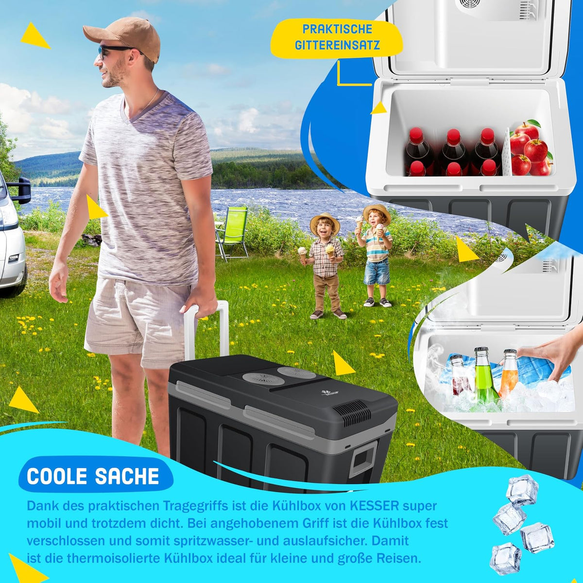 KESSER® Nevera eléctrica portátil 40L con Ruedas | Calienta y enfría | Termoeléctrica | Mini Nevera | 12V y 230V | para Coche, Camping y Enchufe | Modo Eco | Incluye acumuladores de frío