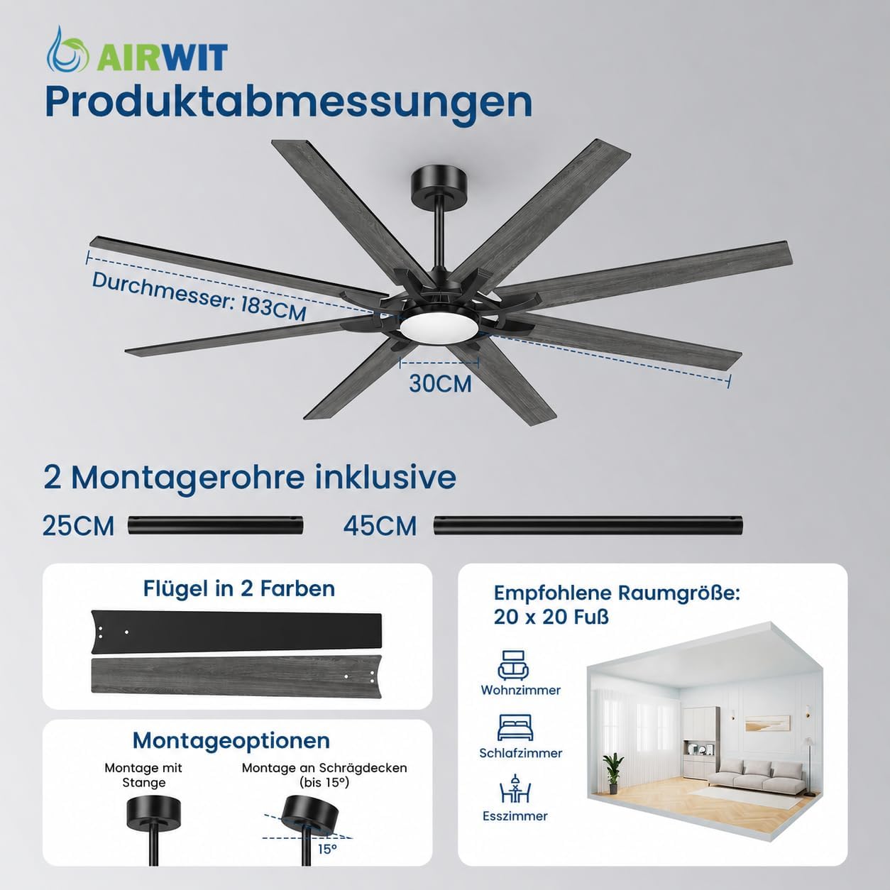 Airwit 183cm Deckenventilator mit Beleuchtung Extra Groß, Verbundholz Outdoor Leise Deckenventilator mit Licht und Fernbedienung, Lampe mit Ventilator für Terrasse, Industrial, Großes Zimmer