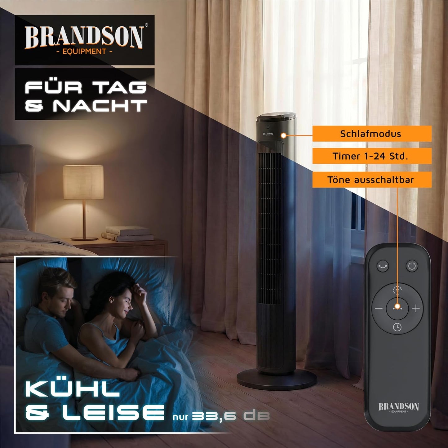 Brandson - Turmventilator – sehr leise - Schlaf Modus – Sieger Ventilatoren und Luftkühler 2026-12 Geschwindigkeitsstufen – Oszillation – mit Fernbedienung - Schwarz