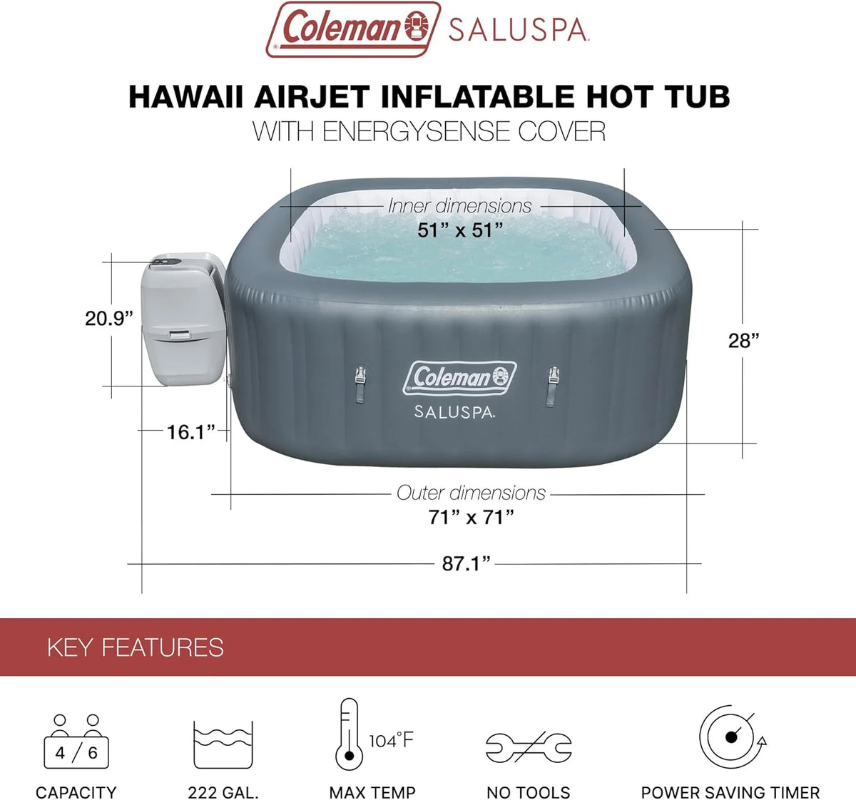 4 to 6 Person Inflatable Hot Tub Square Portable Outdoor Spa with 114 Soothing AirJets and Insulated Cover.