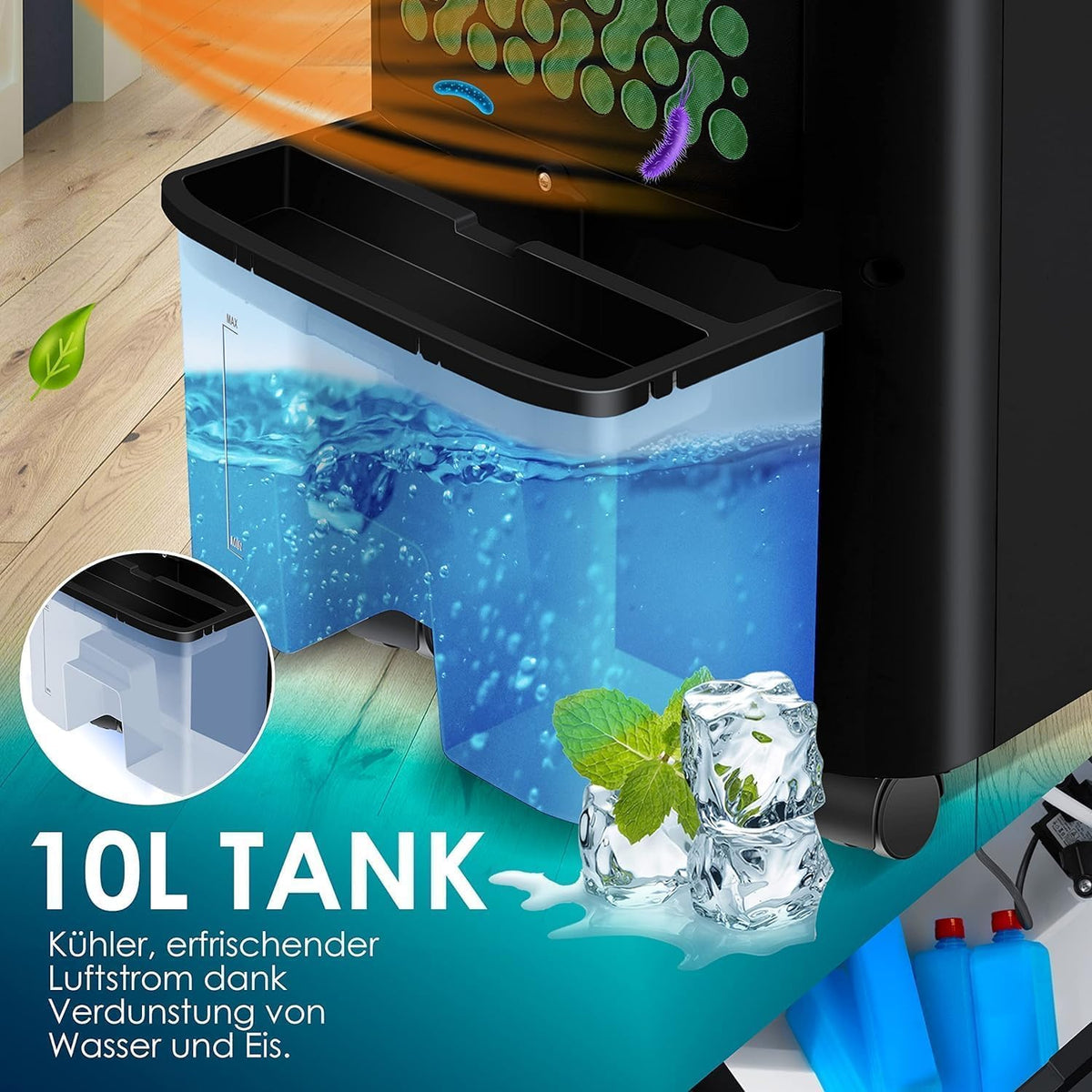 KESSER® Mobile Klimaanlage 4in1 Luftkühler – Air Cooler mit Fernbedienung & Timer, 10L Wassertank, Ionisator & Luftbefeuchter, Ventilator Klimagerät ohne Abluftschlauch, 3 Stufen inkl. Kühlakkus