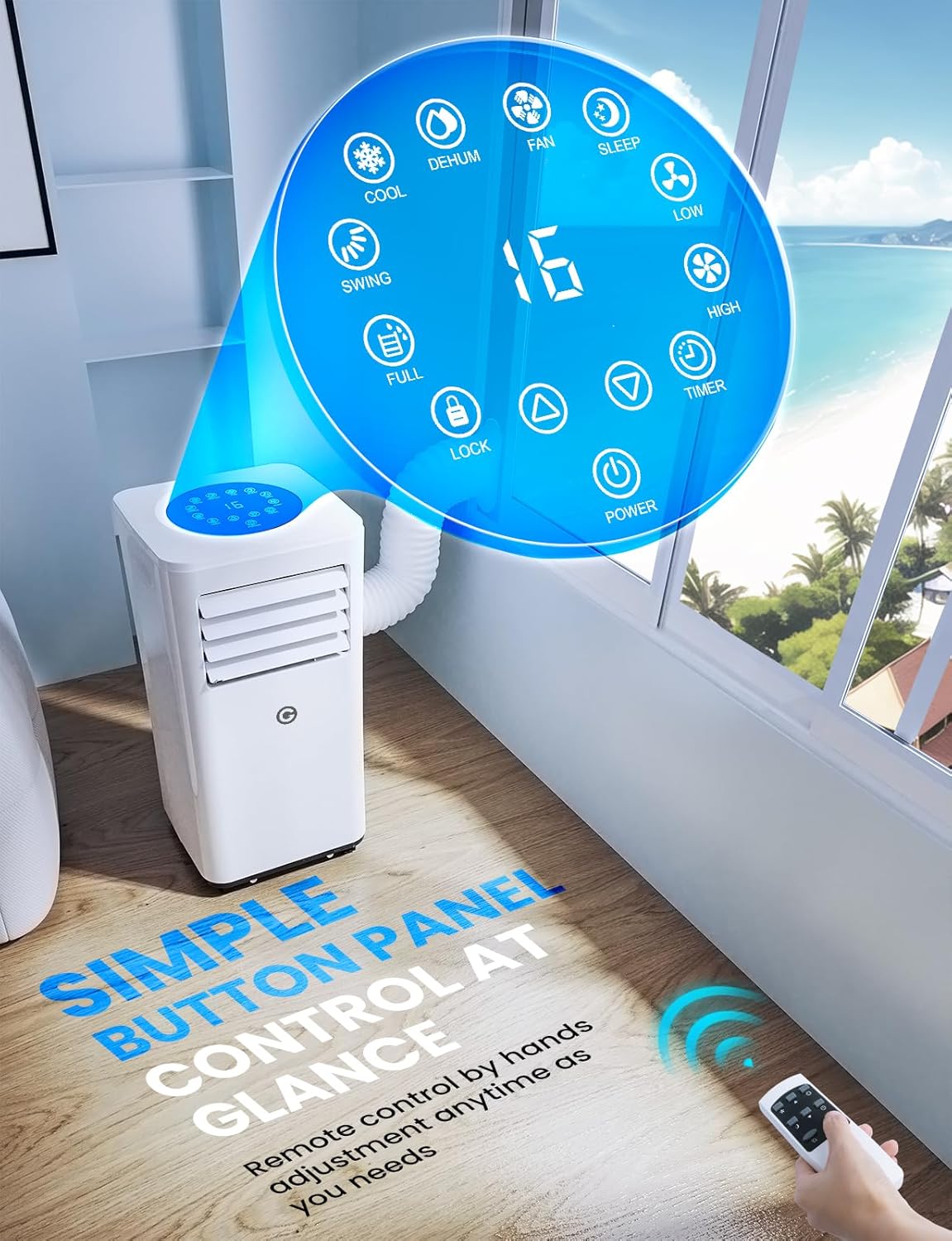 9000 BTU Aire Acondicionado Portátil, 4 en 1: Refrigeración, Ventilador, Deshumidificador y Modo Sueño, Silencioso, con Mando, Temporizador 24h y Kit de Ventana, para Dormitorio, Oficina, Garaje, 33㎡