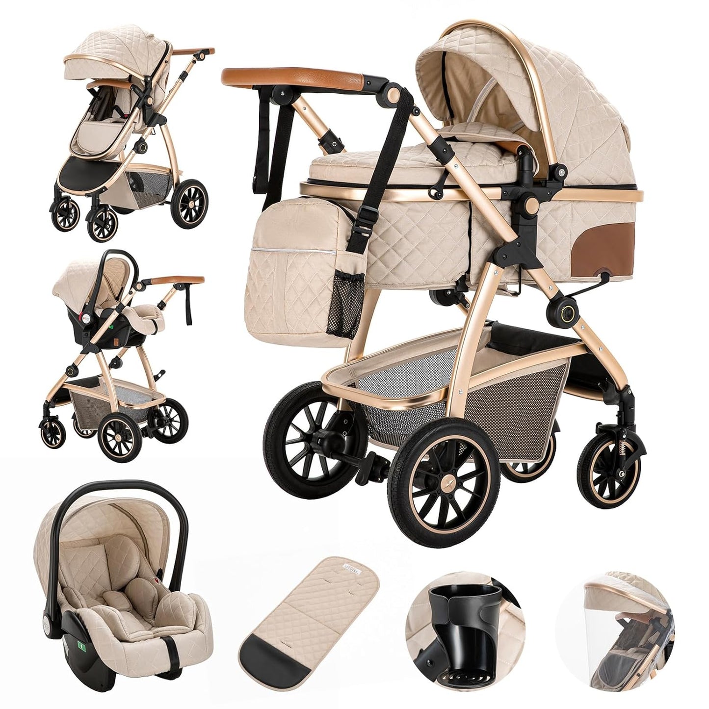Gcarebb 3 in 1 Kinderwagen, Buggy Mit Auto Babyschale, Mit Höhenverstellbarer Kinderwagen Komplettset, KombiKinderwagen Mit Aluminiumrahmen für Neugeborene 0-4 Jahre