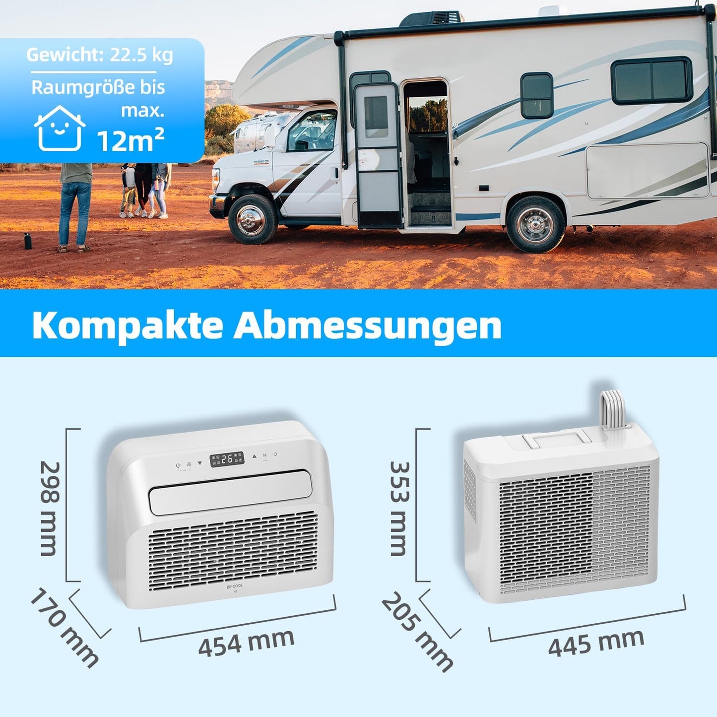 BE COOL BC5CSKL26 3in1 Mini Split Klimaanlage 5000 BTU mit WiFi, App-Steuerung, Kühlen, Lüften, Entfeuchten, 24h Timer, Schlafmodus, für Räume bis 12 m², Wohnmobil, Wohnwagen, weiß