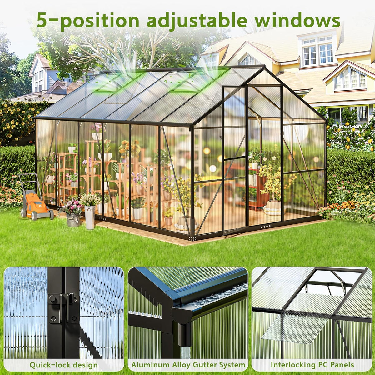Gewächshaus Aluminium für den Garten, 362x247x205cm Gewächshaus Aluminium mit Fundament, Verstellbare Dachentlüftung, Vielseitig nutzbar als Winterfest Aufzucht Pflanzenhaus und Pflanzenhaus