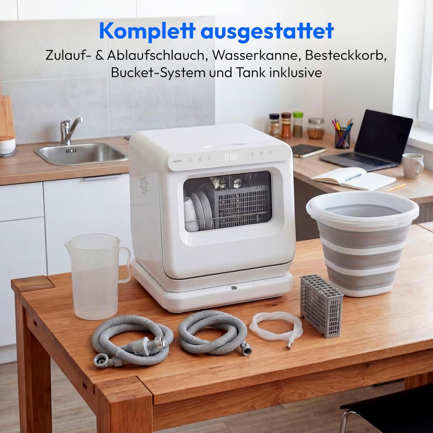 MEDION Mini Geschirrspüler DWT30, 3 Maßgedecke, Tischgeschirrspüler, funktioniert mit/ohne Wasseranschluss, 6 Programme, UV-Licht, Lüfter-Trocknung, Touch-Display, freistehend, MD370022