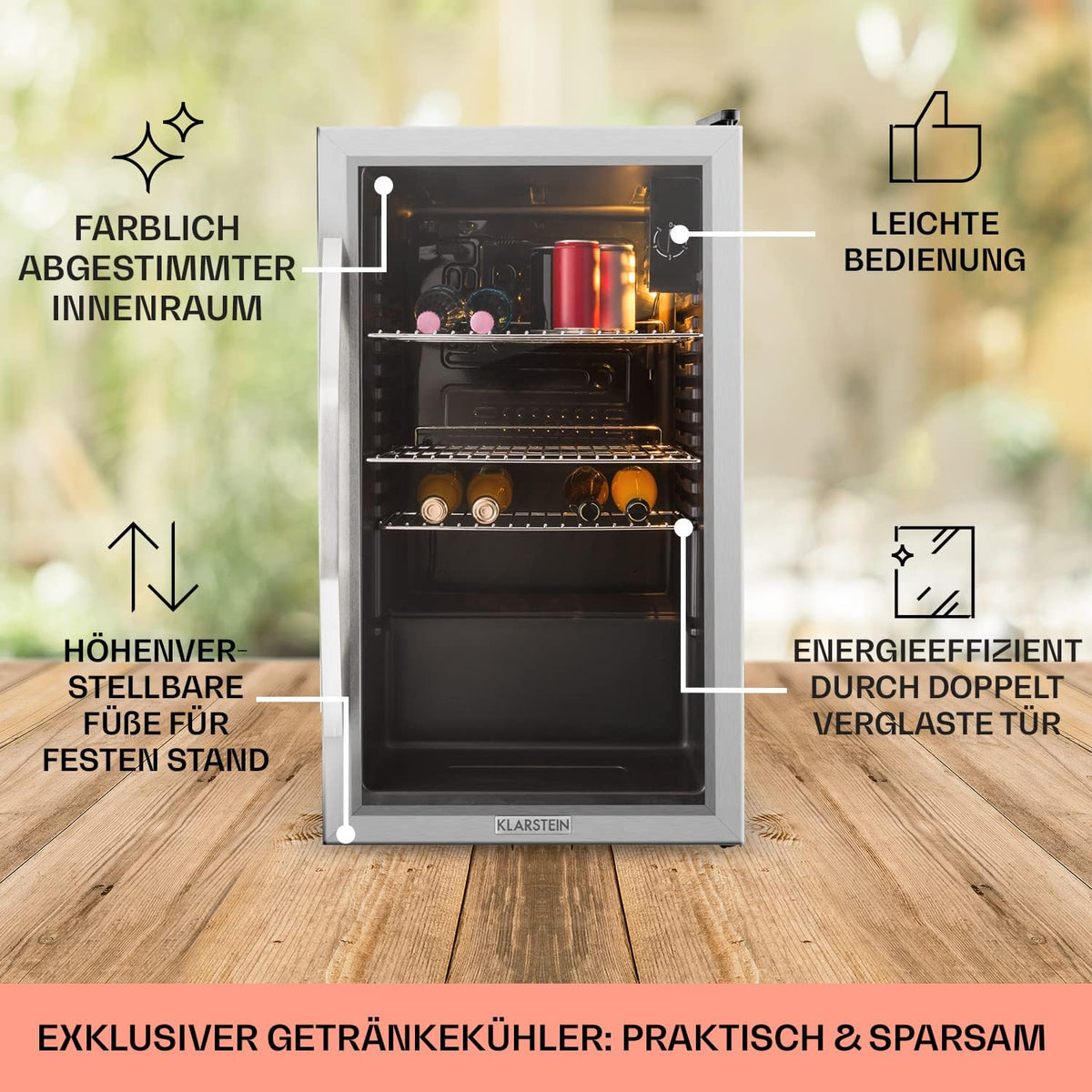 Klarstein Mini Kühlschrank mit Glastür, Mini, für Zimmer, Getränkekühlschrank Klein mit Verstellbaren Ablagen, 80 Liter, Indoor/Outdoor Kühlschrank Leise