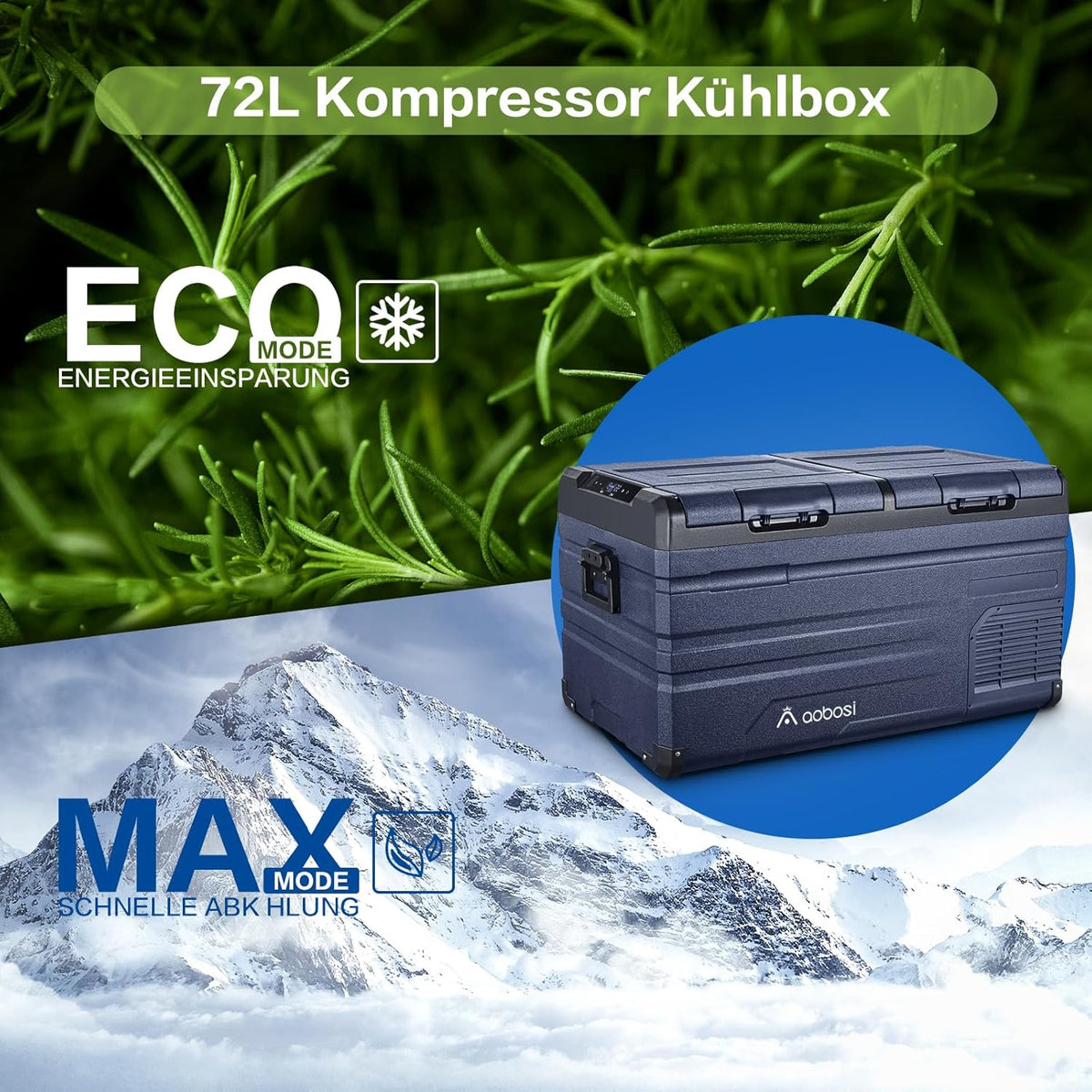 AAOBOSI 72L Kompressor Kühlbox, Dual Zone, Camping Kühlschrank mit APP, -20°C bis 20°C, USB-Handy-Ladung, LED-Beleuchtung, 12/24V und 100-240V, Geeignet für Autos, Lastwagen, Boote, Camping und Reisen